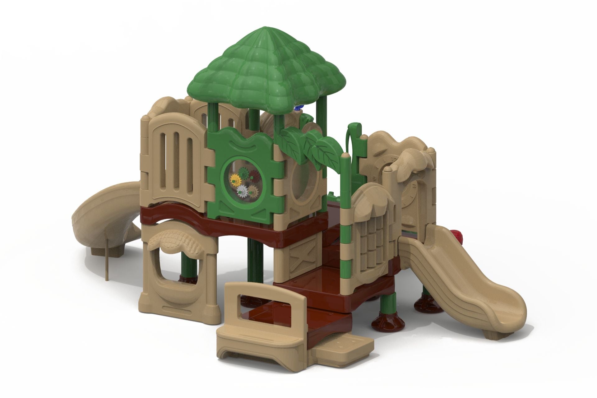 Compact children's playground with green roof, beige slides, interactive gear panel, and leaf-shaped decorative accents