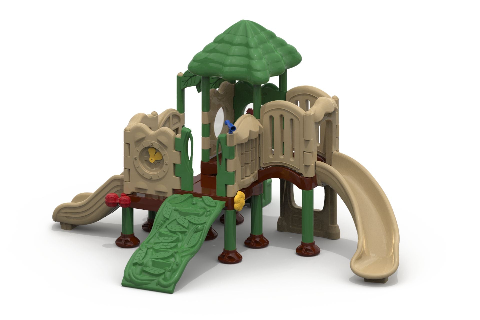 Compact children's playground with green leaf-patterned climbing ramp, beige slides, and green roof canopy, designed for interactive outdoor play.