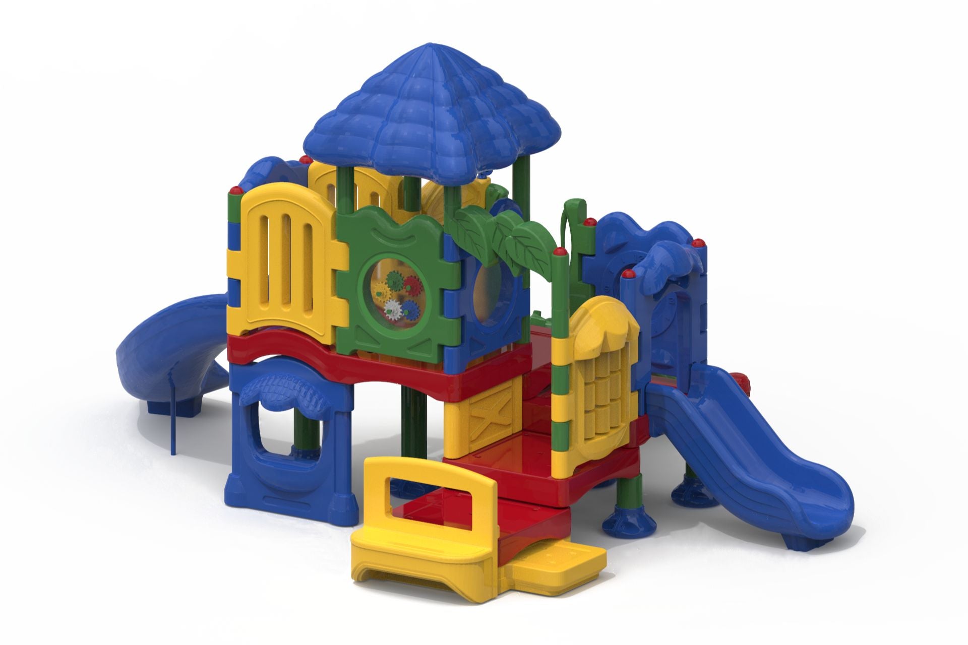Colorful children's playground structure with roof, slides, interactive panels, and play features for motor skill development
