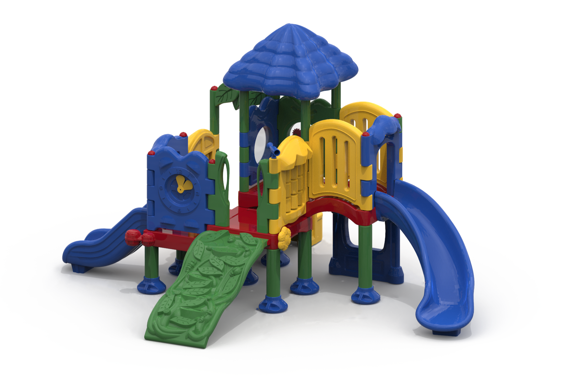 Discovery Range Playground With Roof featuring primary colors, slides, climbing ramp, interactive panels, and transparent barriers for outdoor play