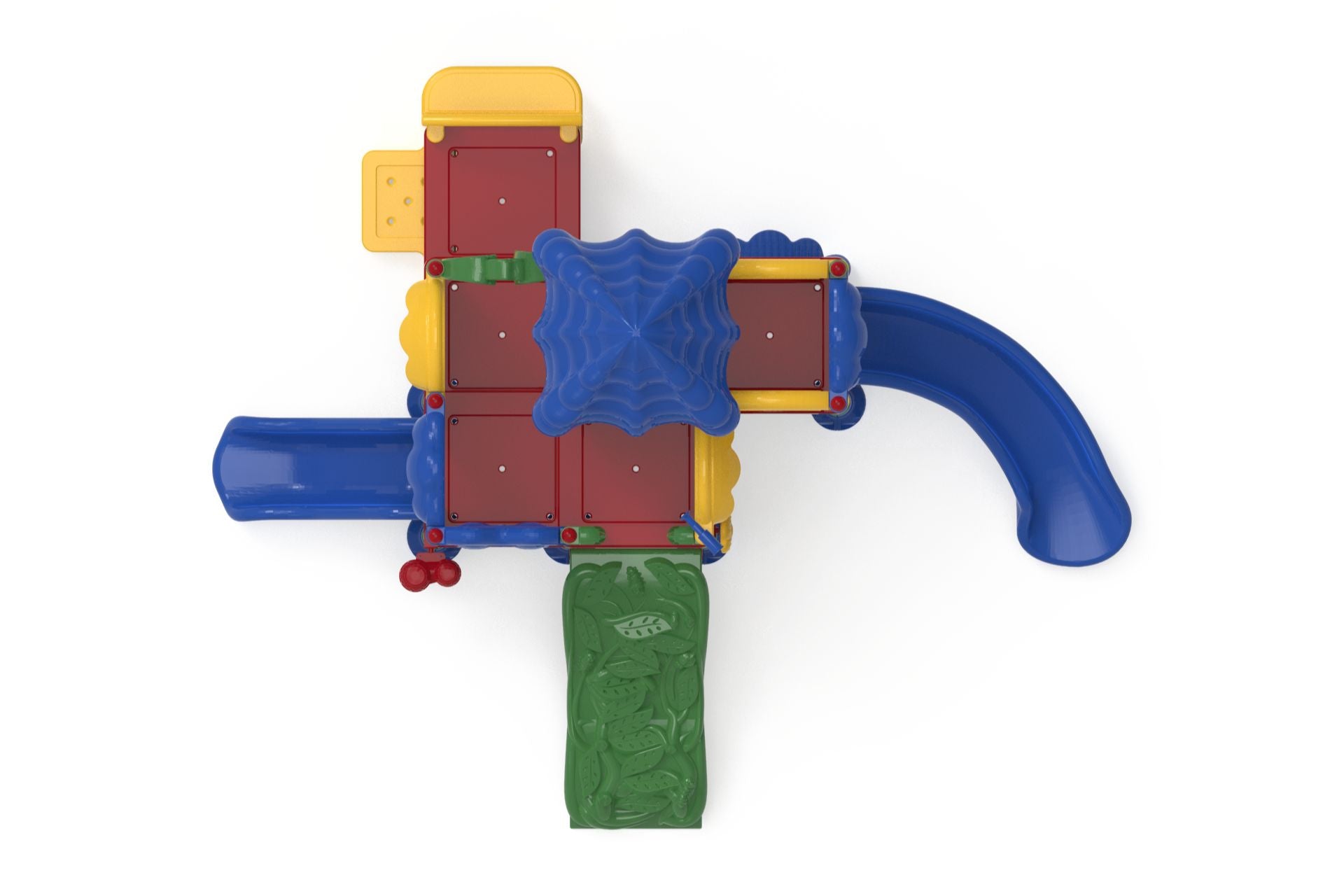 Overhead view of colorful playground structure with blue roof, slides, and green climbing panel featuring leaf patterns