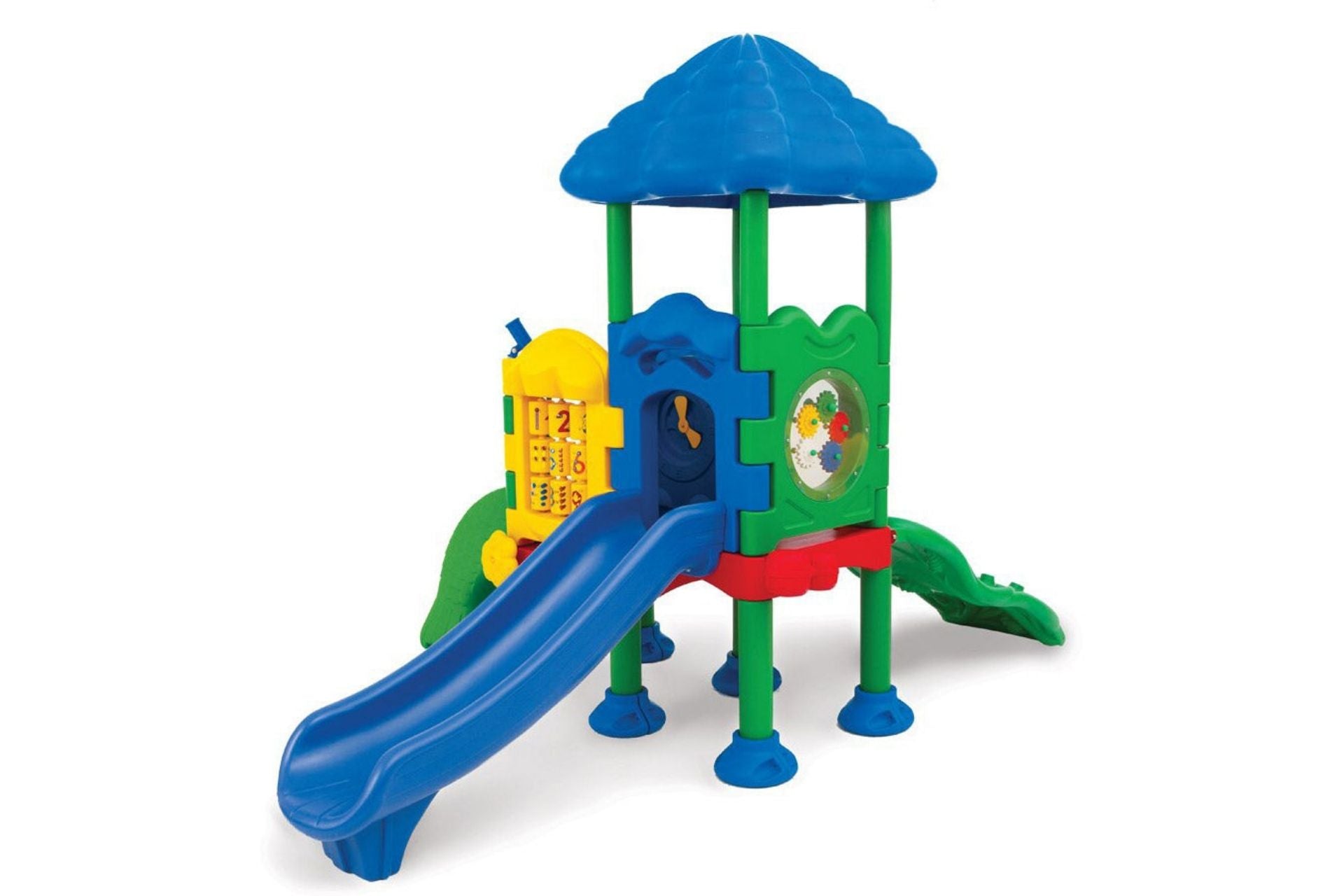 Compact colorful playground structure with blue roof, dual slides, interactive clock and gear panels for developmental play