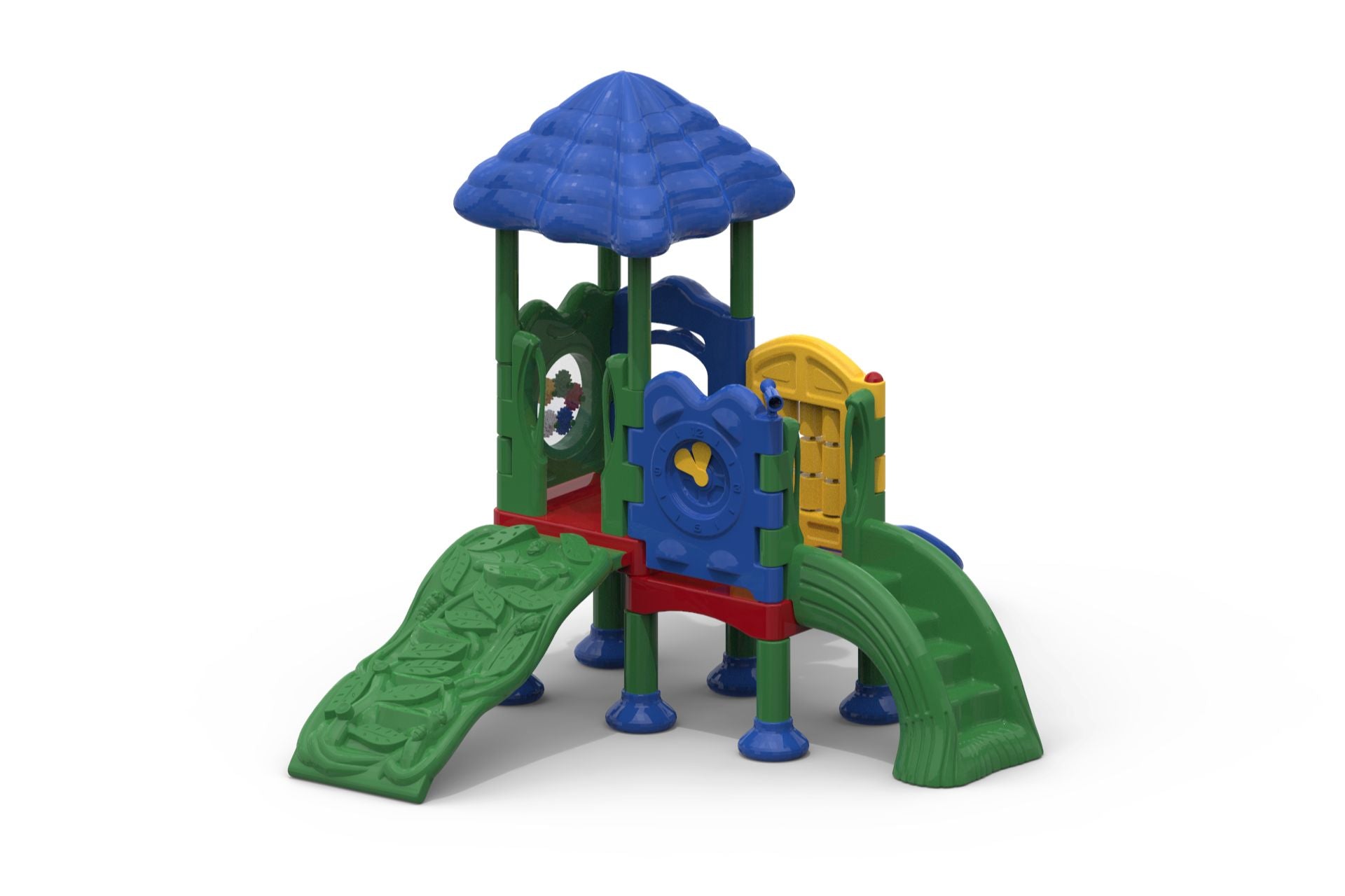 Compact colorful playground with blue roof, green climbing ramp, slide, interactive clock panel, rain wheel, and bongo drums