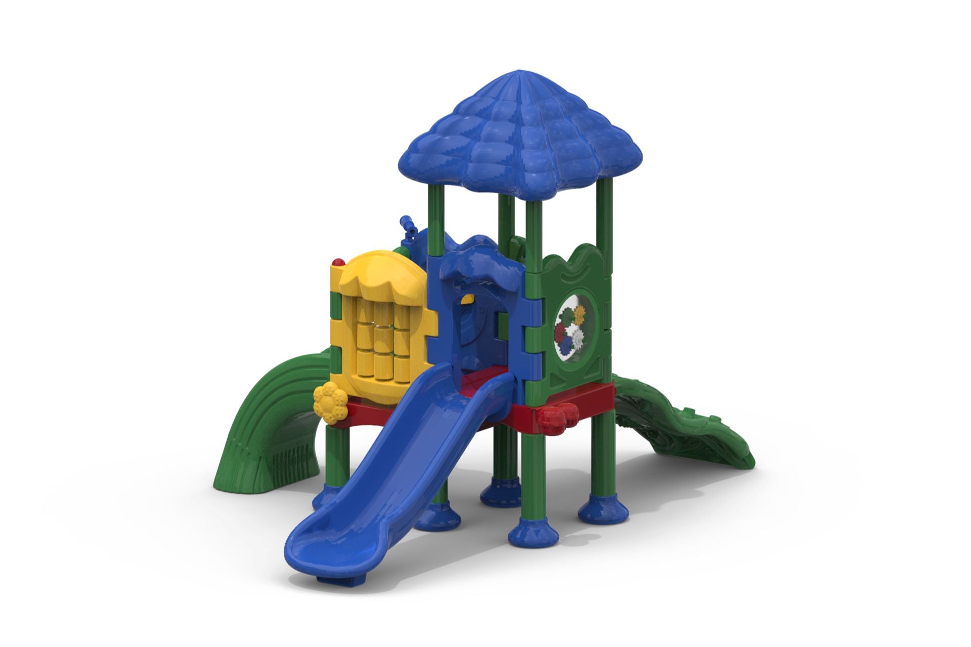 Front view of the UltraPlay Discovery Ridge Playground with Roof, showcasing its colorful design and features.