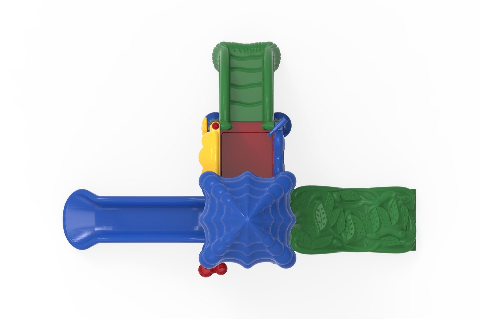 Overhead view of colorful playground with blue roof, green climbing wall, blue slide, and interactive play panels