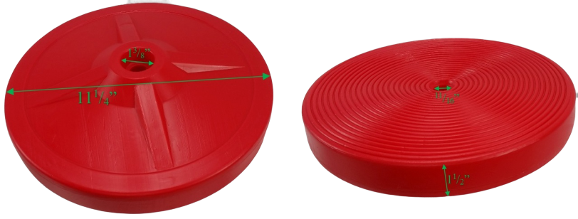 Two bright red durable plastic disk swing seats with textured surfaces and central holes for nylon ropes