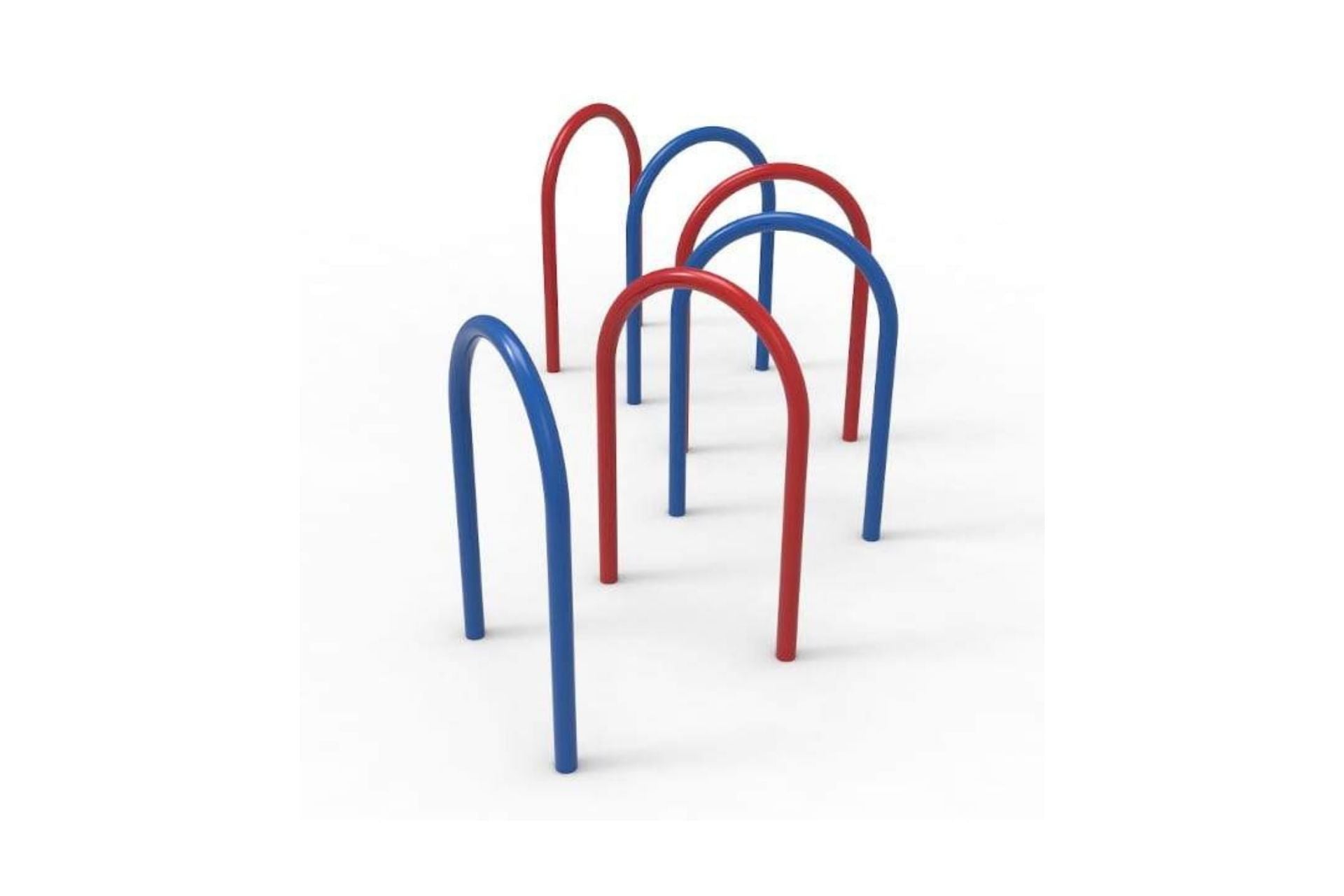 Doggie Dash dog exercise equipment with red and blue curved agility loops arranged in a dog park setting