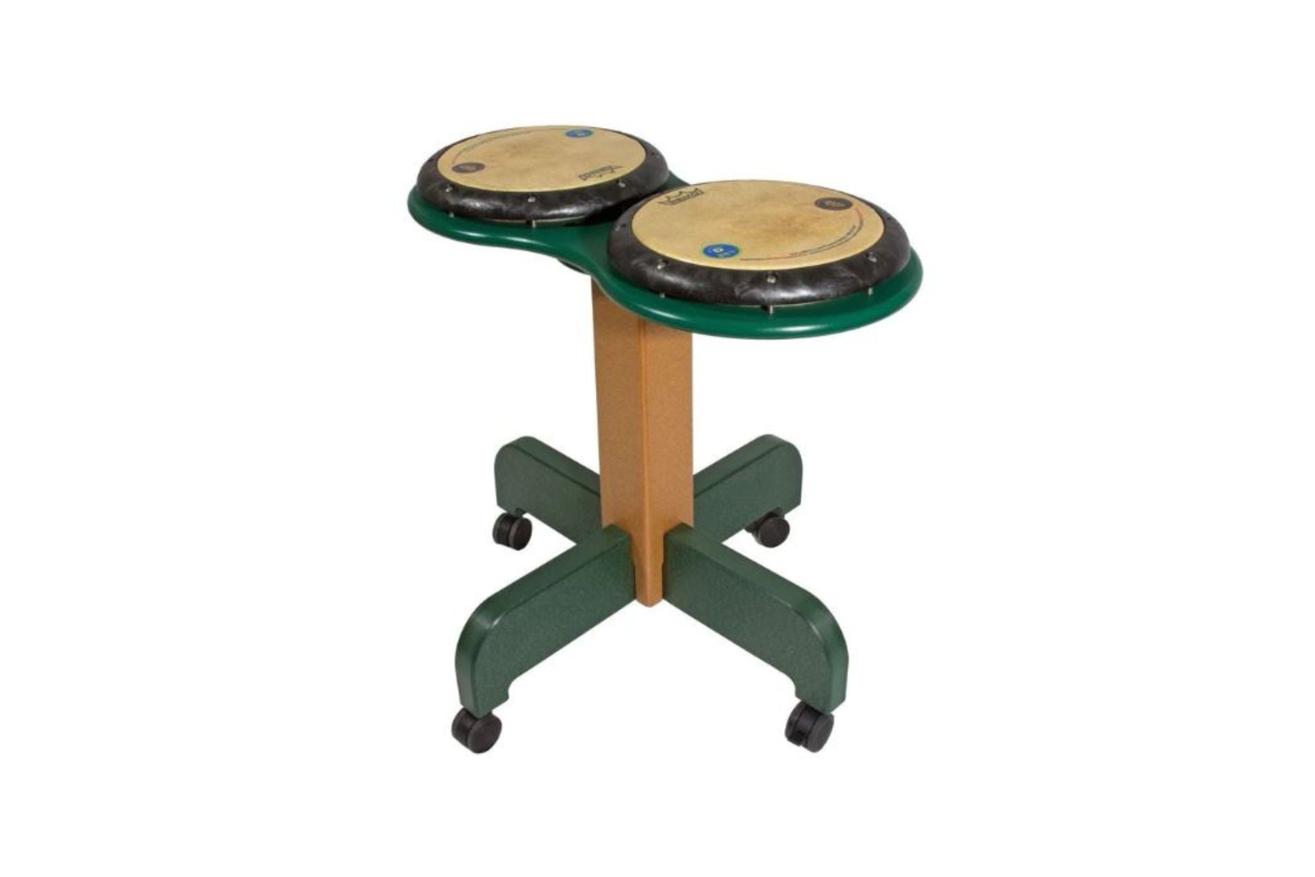 DouBBle Play Drum Table with two tan drum pads on green and brown stand with caster wheels, versatile musical play instrument