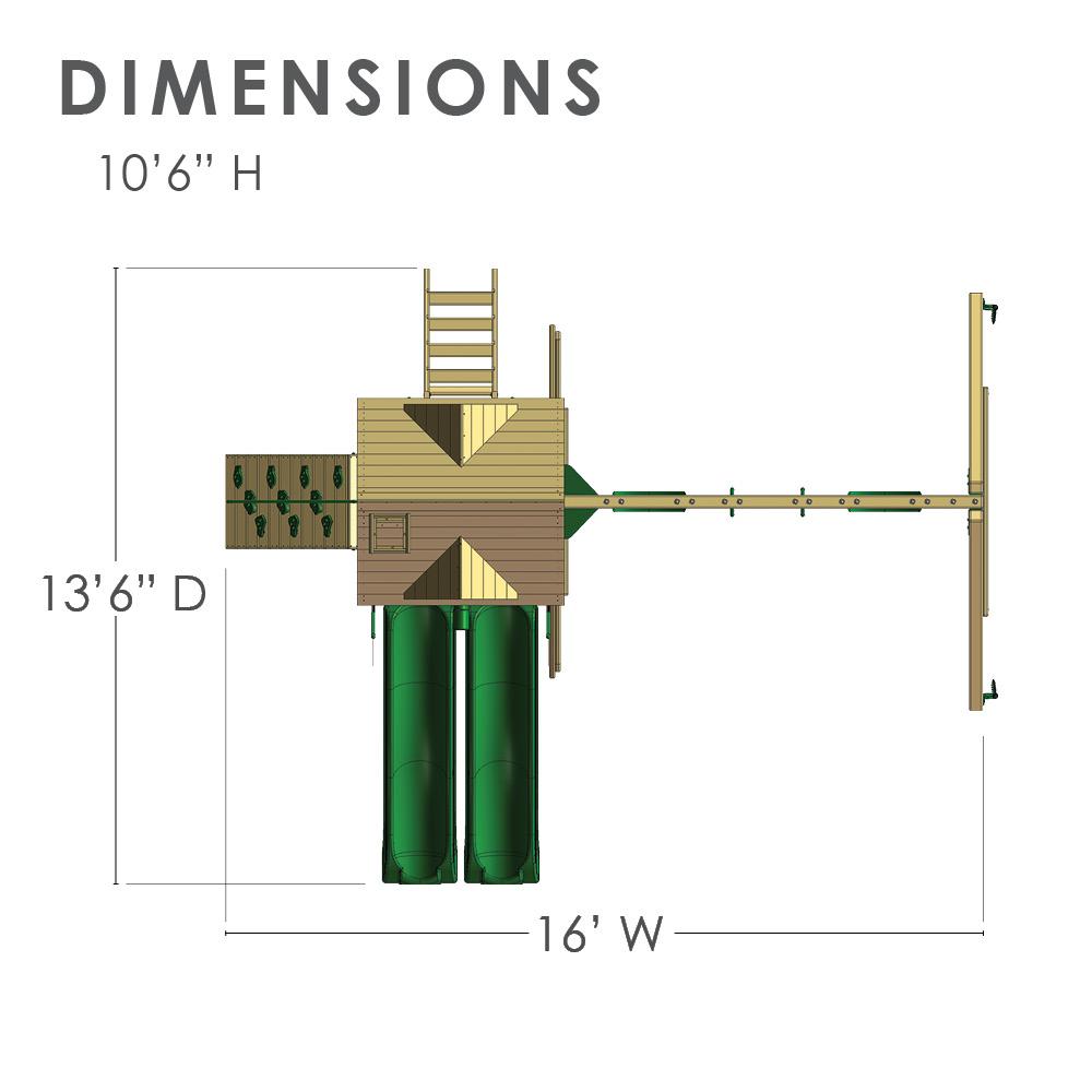 Overhead view of wooden playset with two green wave slides, rock climbing wall, swings, trapeze bar, clubhouse with wood roof, and play accessories