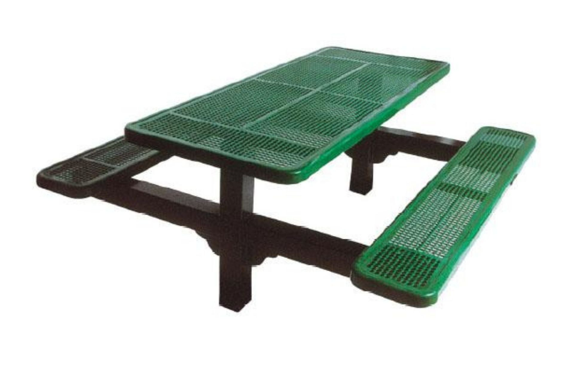 Dual Pedestal Diamond Picnic Table with green diamond-patterned steel top and benches, black square post frame, outdoor setting