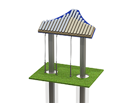Outdoor metallophone with 18 aluminum and fiberglass bars, blue trim, mallet holders, mounted on steel posts