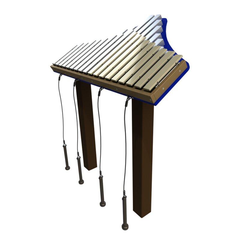 Duet Outdoor Musical Park Instrument with 18-note metallophone, blue trim, four hanging mallets, and sturdy brown legs