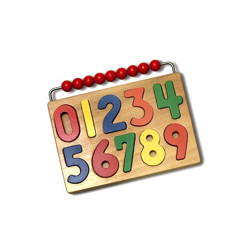 Watch Me Count! Number Puzzle with colorful raised wooden numbers and attached red counting beads on a wooden board