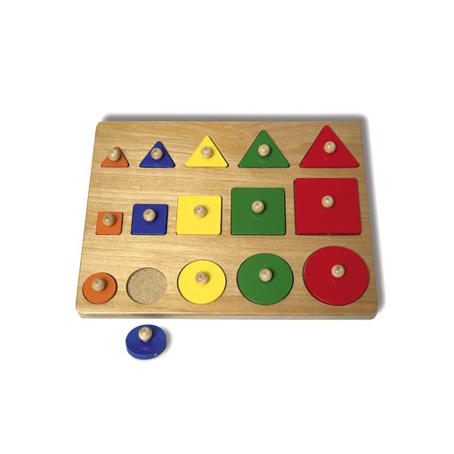Size Comparison Puzzle with 15 colorful primary-colored wooden shapes arranged by size and shape on a wooden board