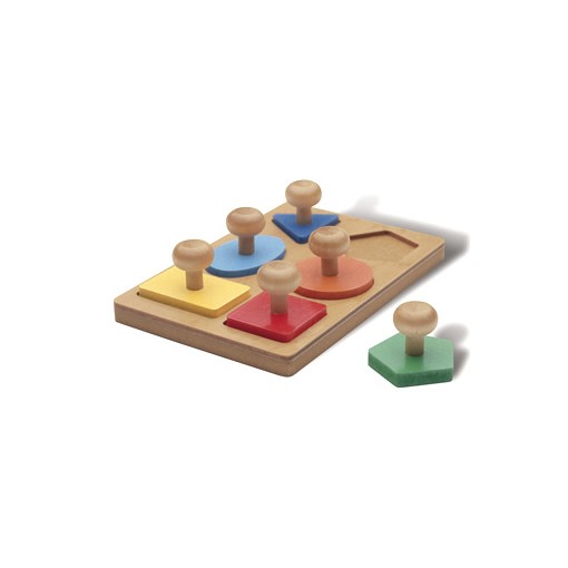 Giant Knob Shape Puzzle with colorful geometric wooden pieces and large knobs for fine motor skill development and grasping strength