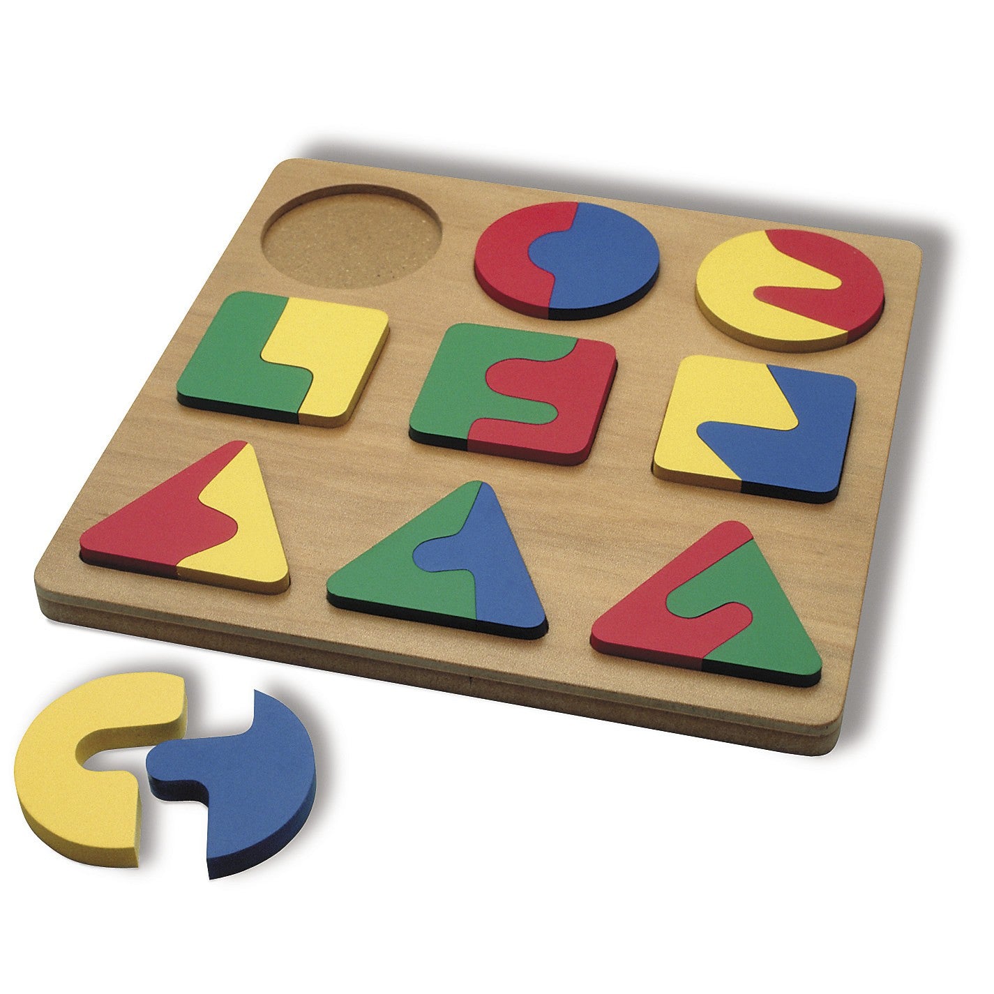 Part Whole Perception puzzle with colorful interlocking geometric shapes on wooden board, one piece removed, raised pieces for easy handling