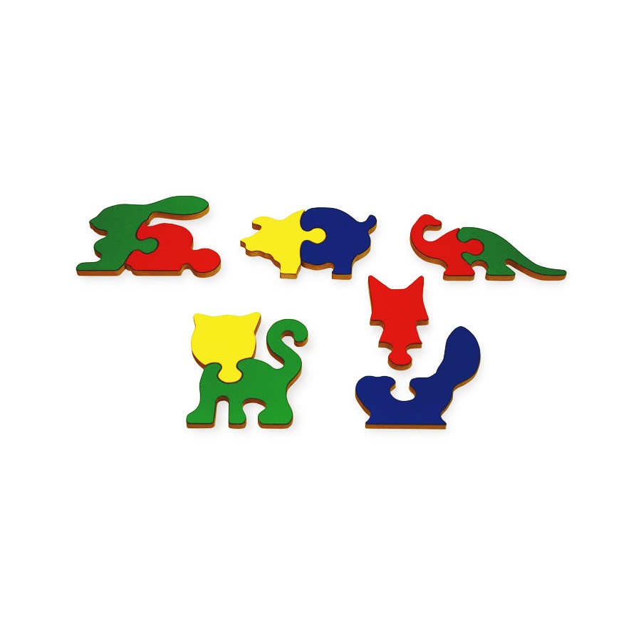 Animal Shapes Puzzle with colorful interlocking wooden pieces forming rabbit, pig, dinosaur, cat, and fox figures.