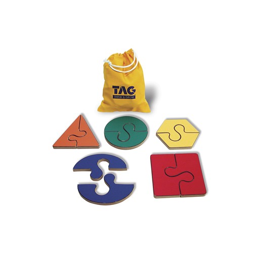 Geo Shapes Puzzles with five colorful geometric shape puzzles and a yellow storage bag for early shape recognition and symmetry learning