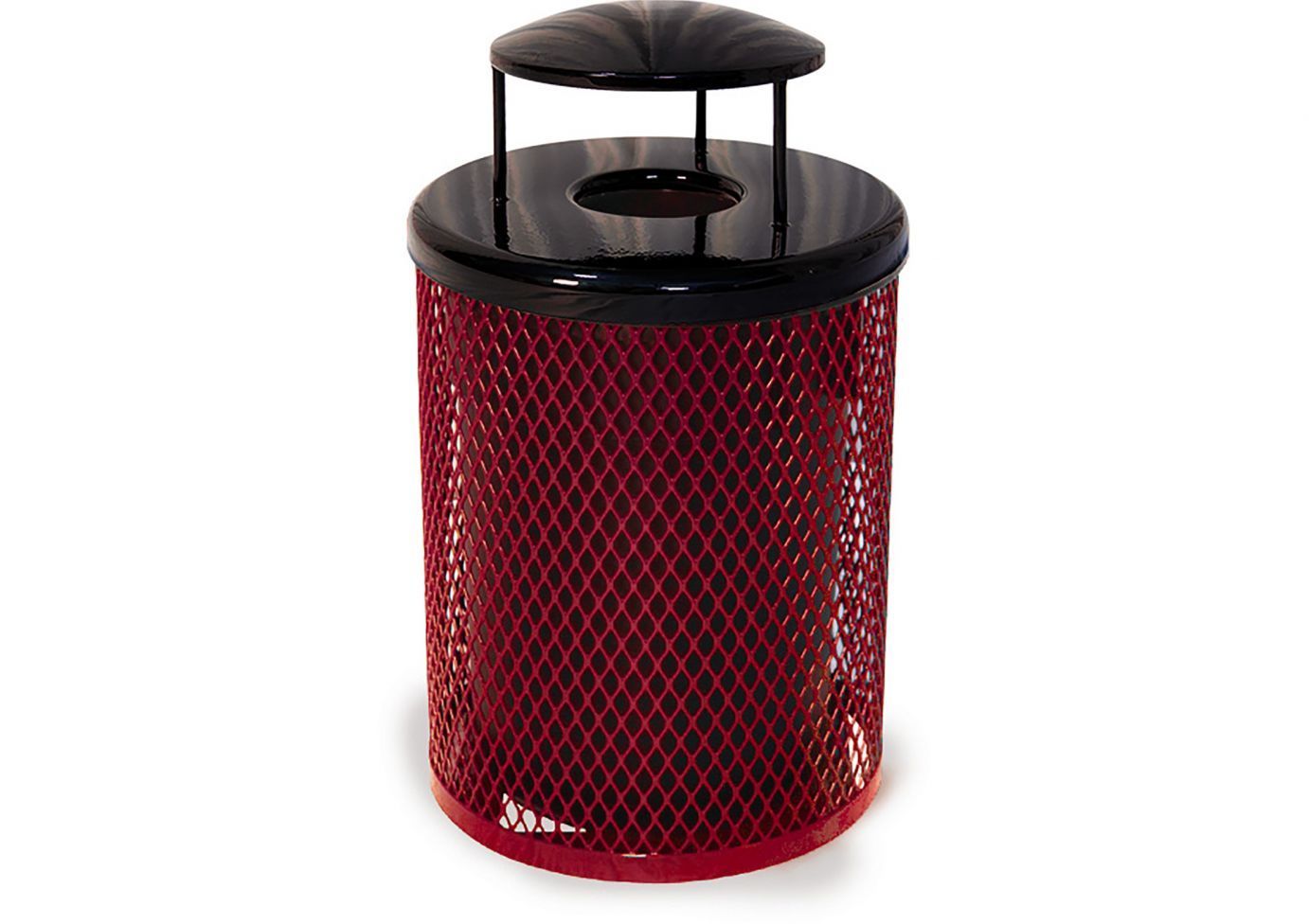 Red metal trash receptacle with diamond-pattern expanded metal body and black round dome lid with rain bonnet cover