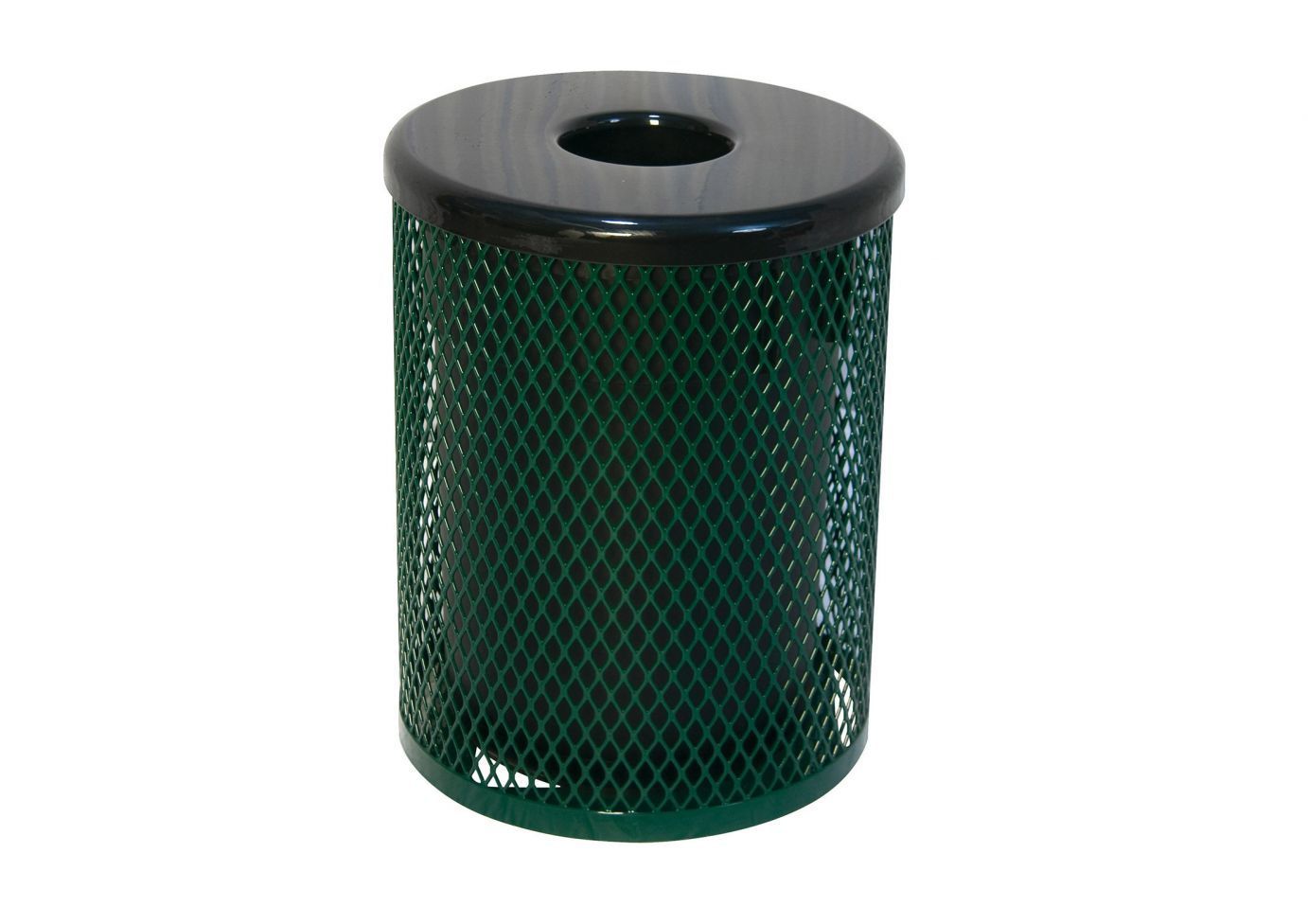 Metal Trash Receptacle with green diamond-pattern expanded metal body and black round dome lid with center opening