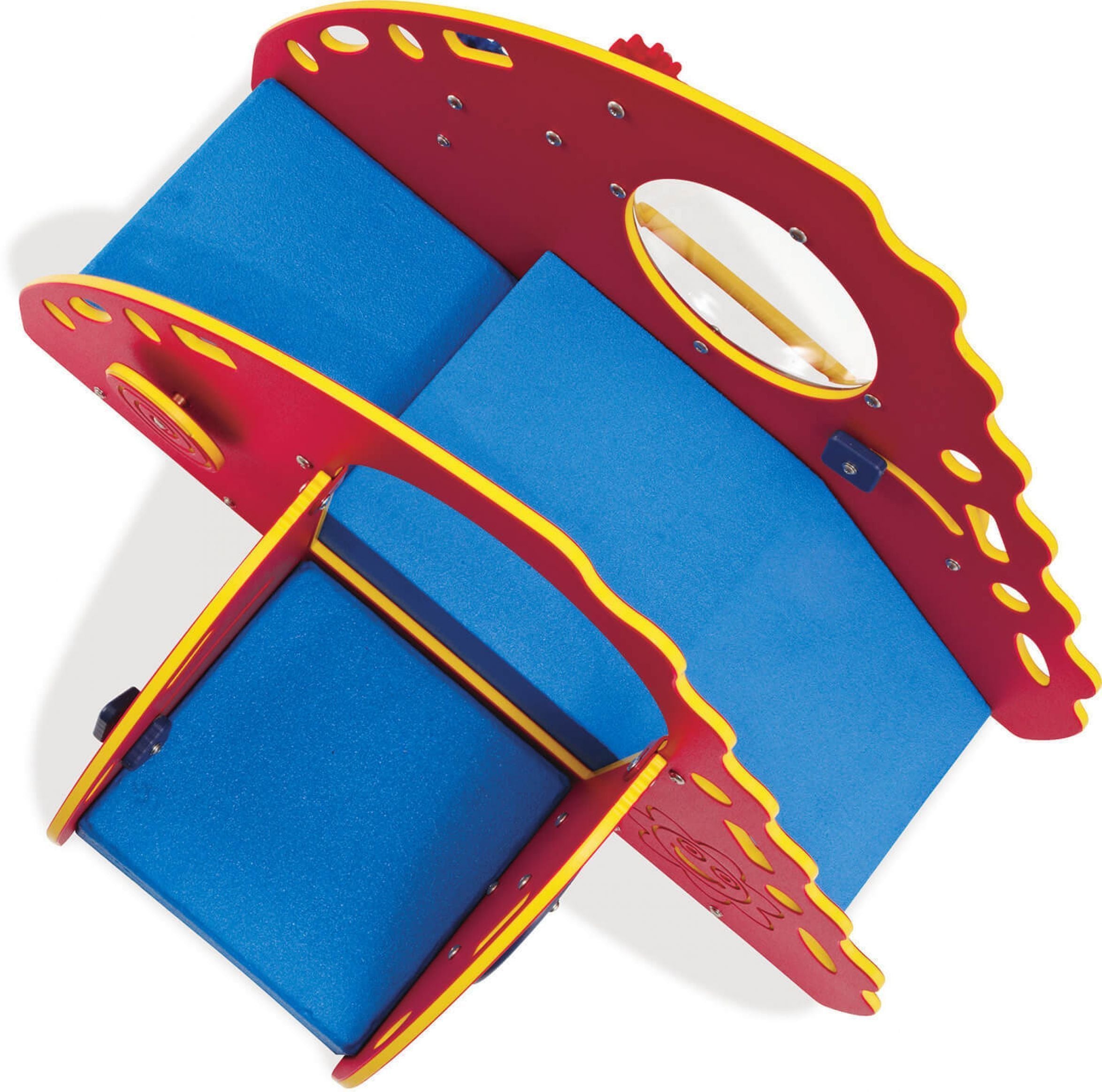 Overhead view of a red and yellow toddler play structure with blue cushioned seating and interactive panels