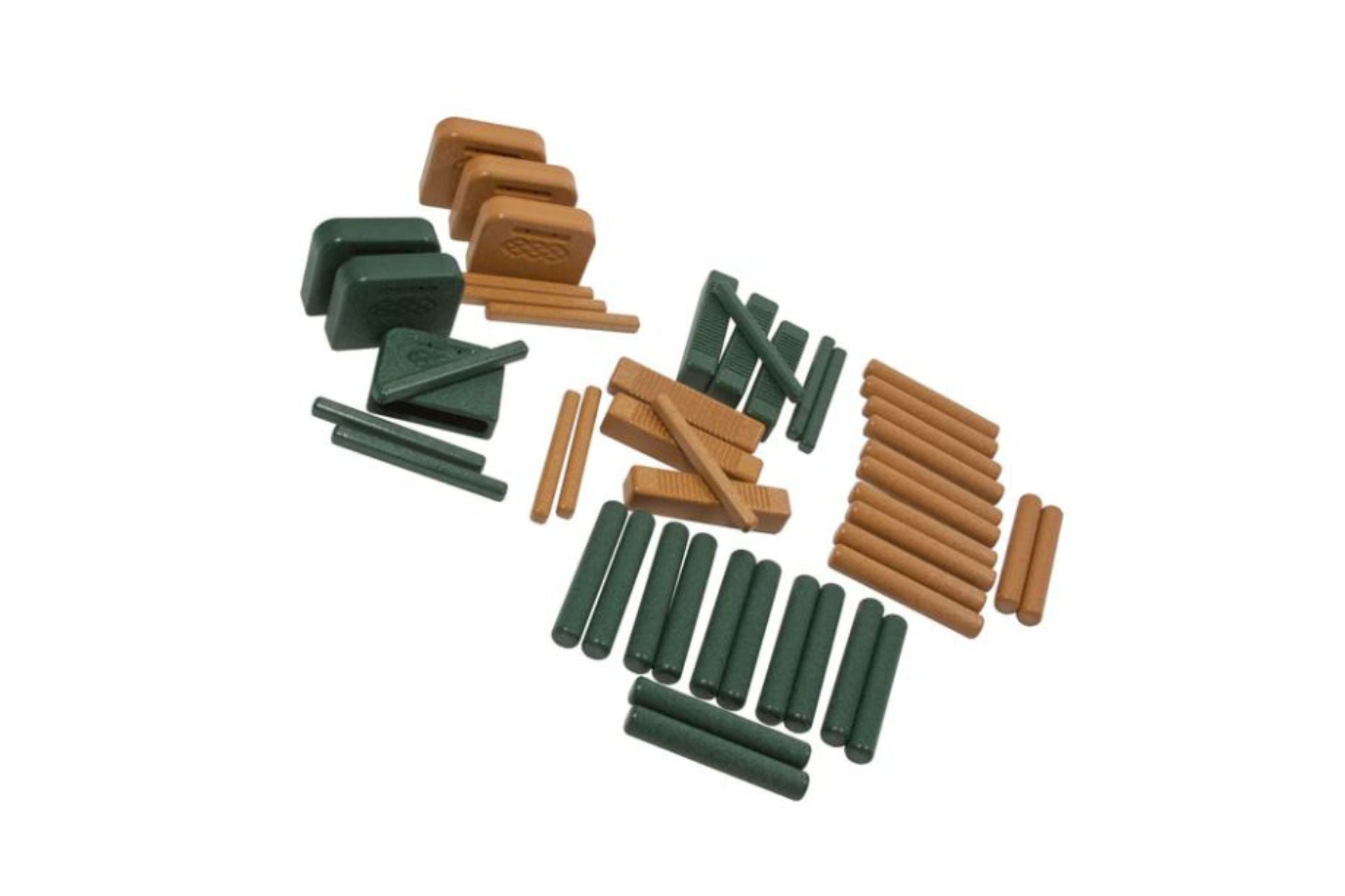 Eco Percussion Set with 24 recycled plastic instruments in green and cedar tones, including tone blocks, guiros, and claves