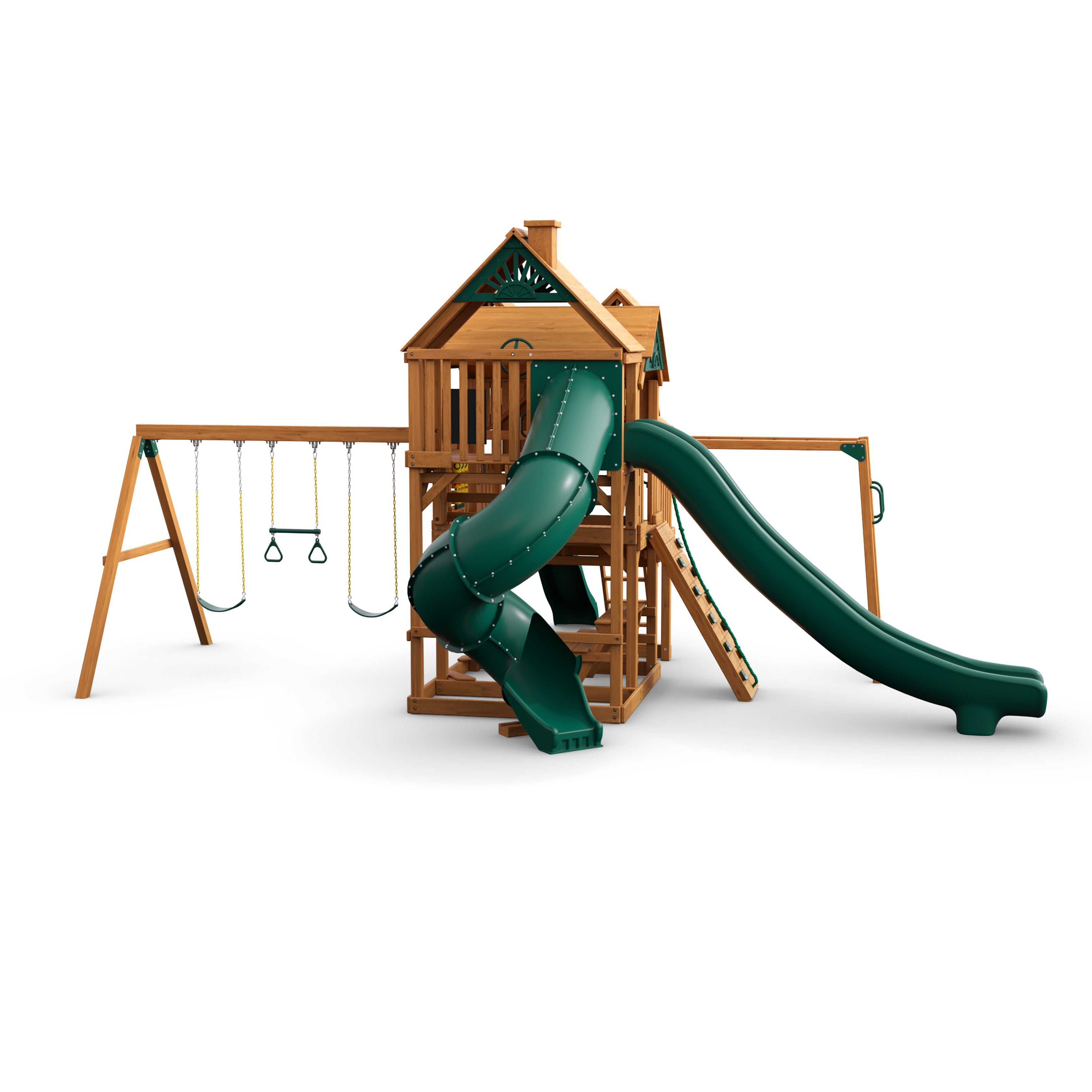 Cedar wooden swing set with three slides, climbing wall, monkey bars, trapeze bar, belt swings, and play decks with wood roofs