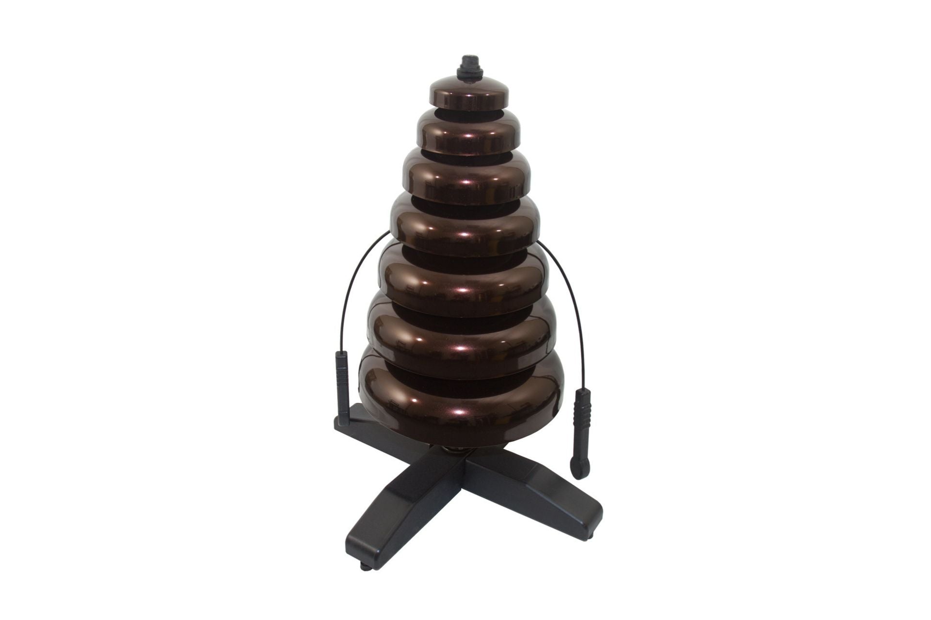 Bell Tree percussion instrument with seven rainbow-colored black copper bells, two attached mallets, and tripod base, EnSoulMusicRainbowBellTree