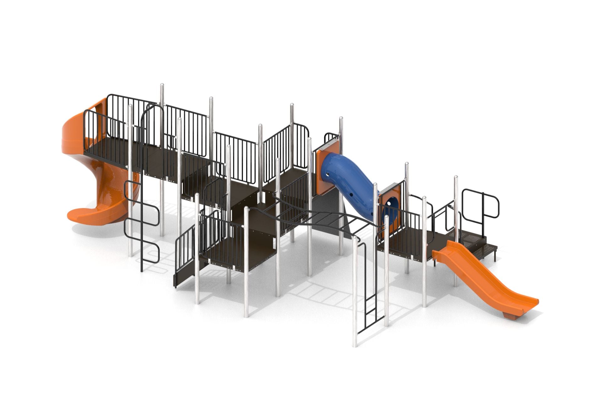 Large playground structure with orange spiral slide, blue crawl tunnel, black platforms, metal climbing bars, and straight slide