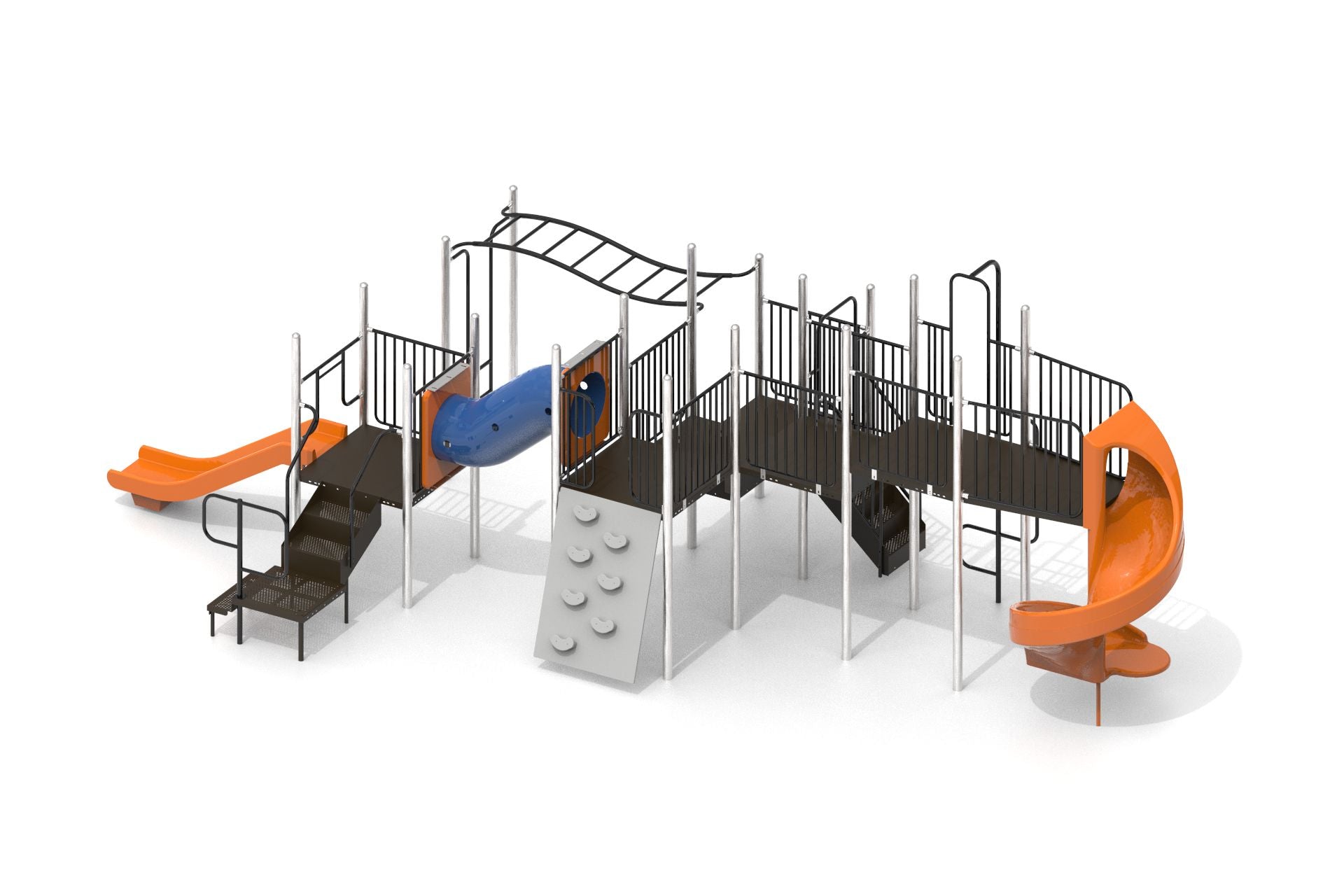 Playground structure with orange spiral slide, blue crawl tunnel, rock climbing wall, wavy horizontal ladder, and straight slide