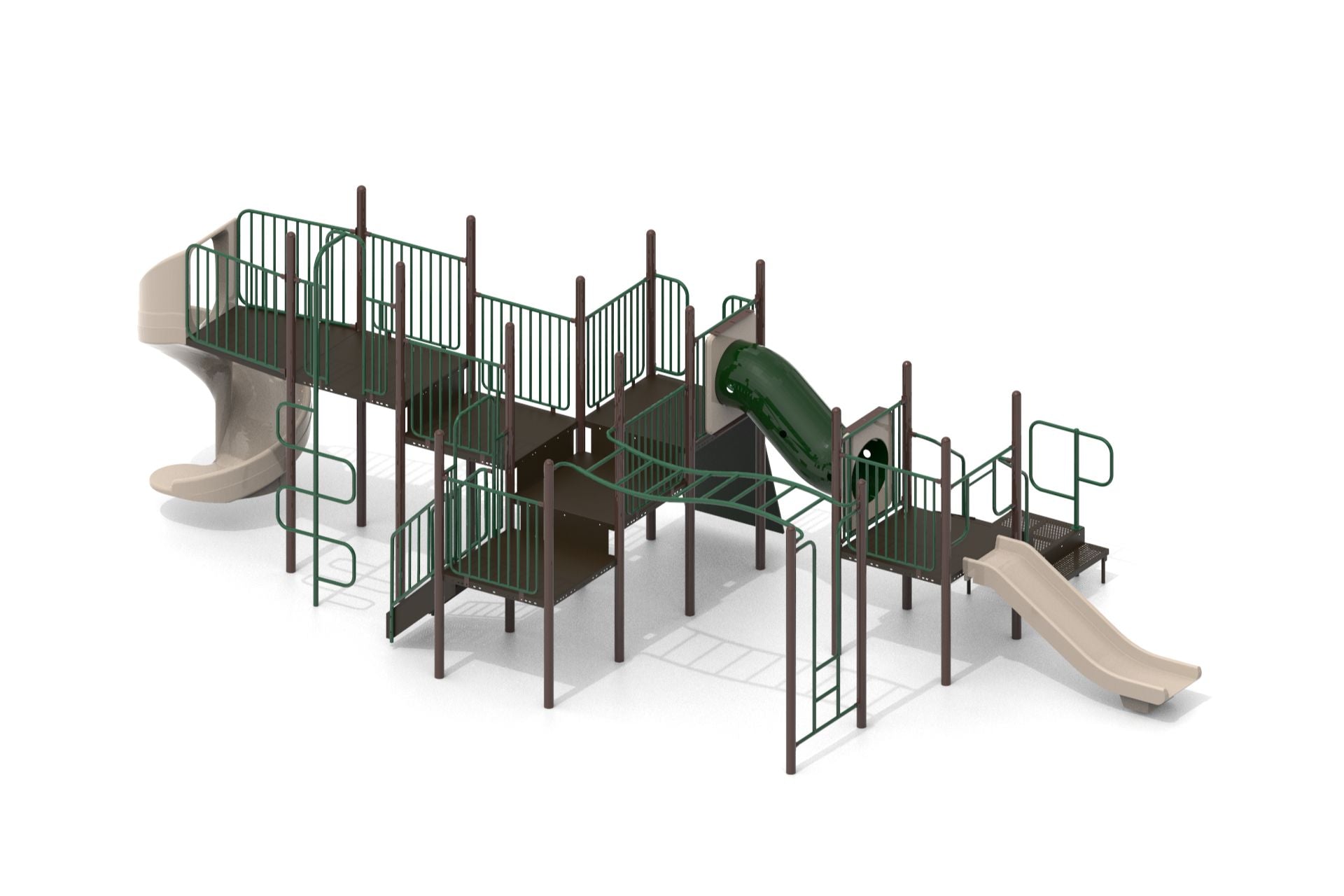 Everglades WillyGoat Playground with green railings, beige slides, spiral tube slide, rock wall, and climbing ladders