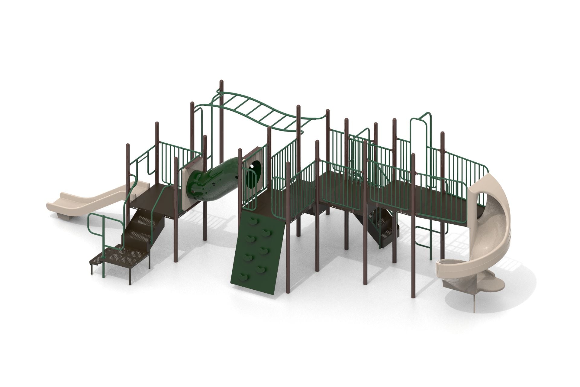 Outdoor playground with green climbing wall, spiral slide, wavy horizontal ladder, crawl tunnel, and double straight slide