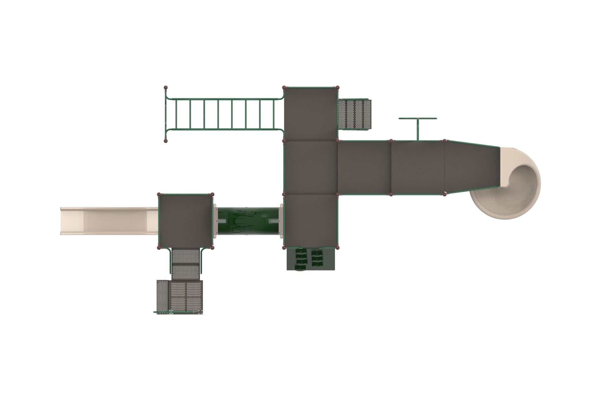 Overhead view of a green and beige playground with spiral slide, crawl tunnel, rock wall, horizontal ladder, and multiple platforms