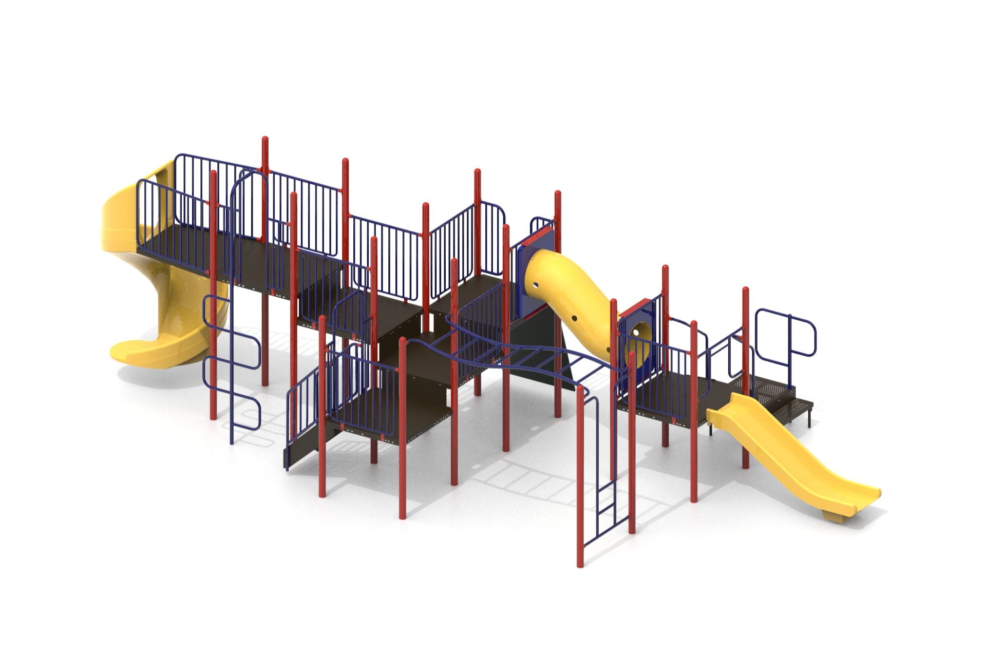 Colorful playground structure with yellow spiral and straight slides, red posts, blue railings, climbing ladders, and elevated platforms.