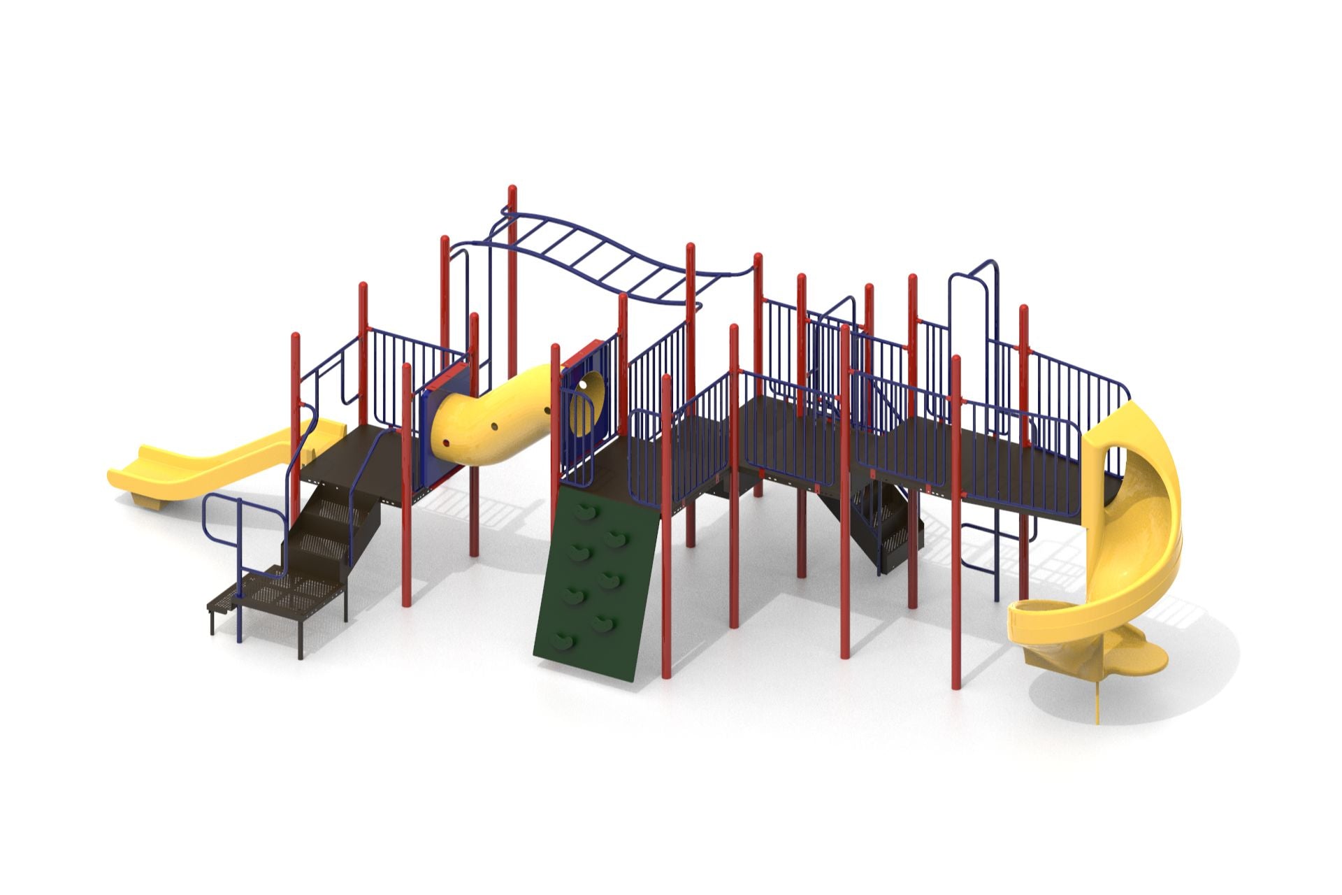 Colorful playground structure with spiral slide, rock climbing wall, crawl tunnel, monkey bars, and stairs