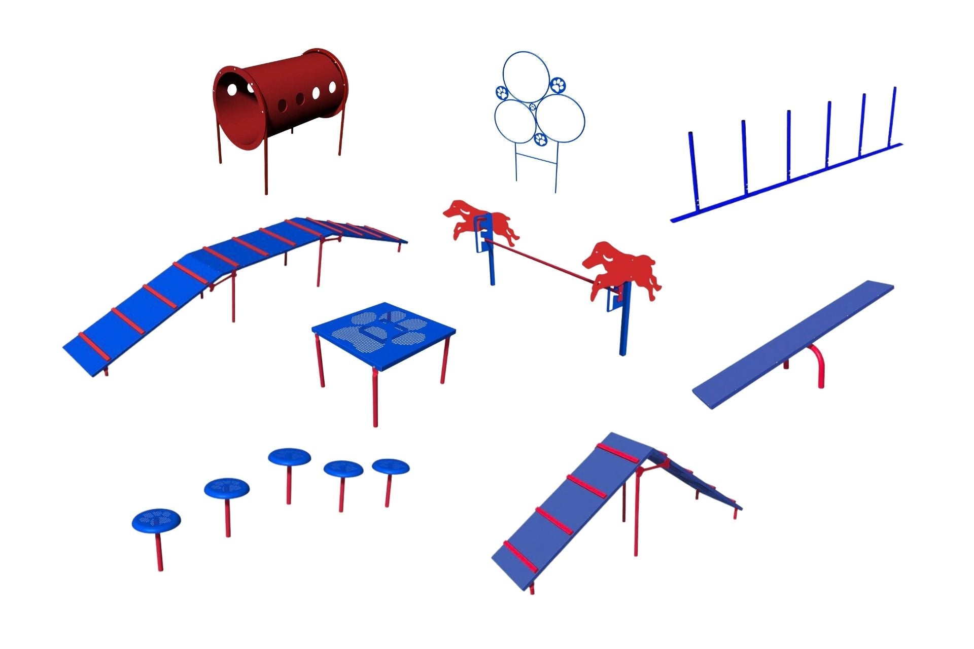 Expert Dog Exercise Course with nine colorful agility activities including tunnel, jumps, ramps, weave posts, and grooming table