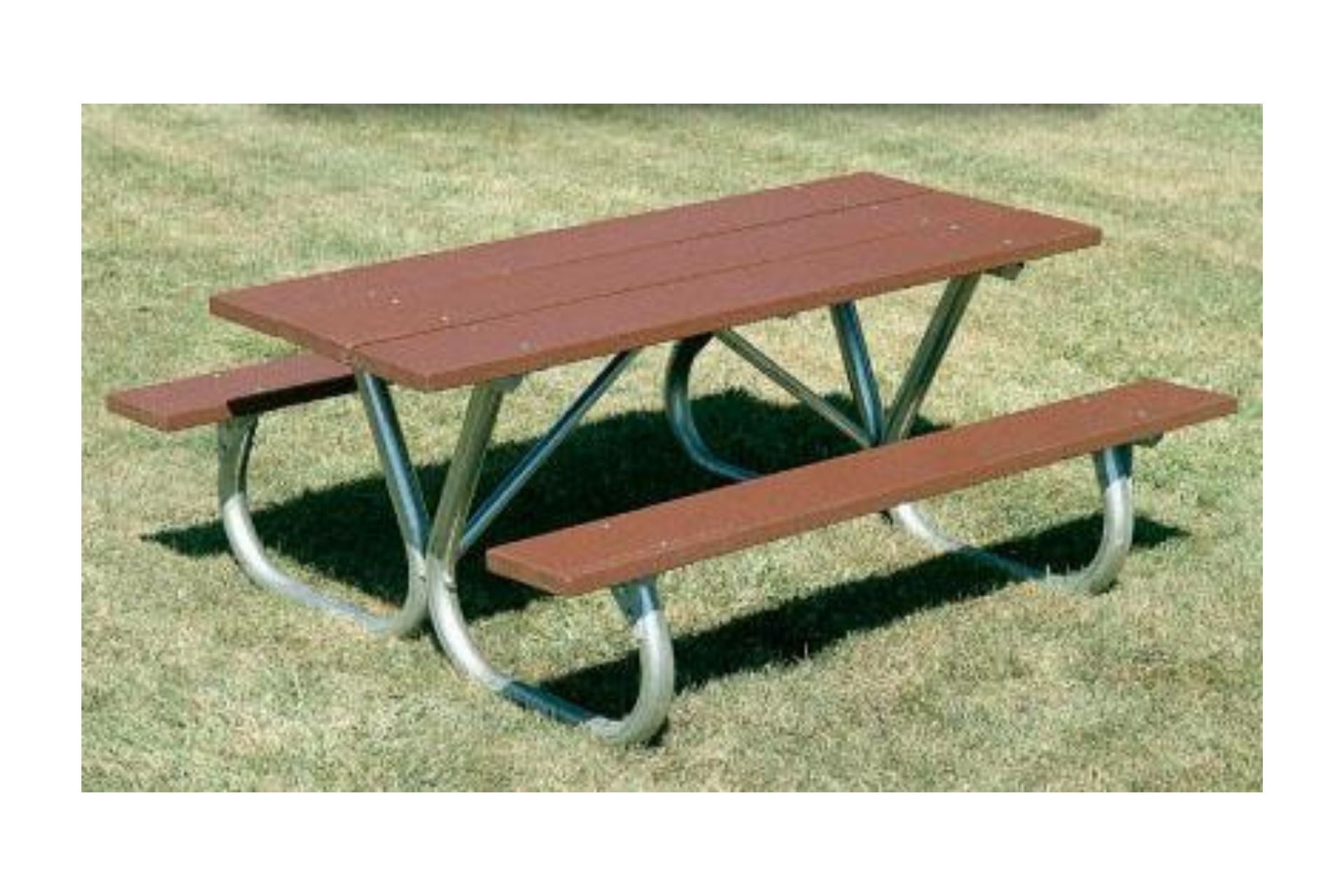 Extra Heavy Duty Redwood Stain Picnic Table with Bolt-Thru Frame, sturdy redwood planks and metal frame on grass outdoors