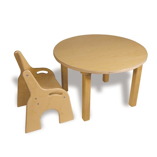 Round wooden toddler table with smooth edges, durable laminate surface, and matching chair for children's activities
