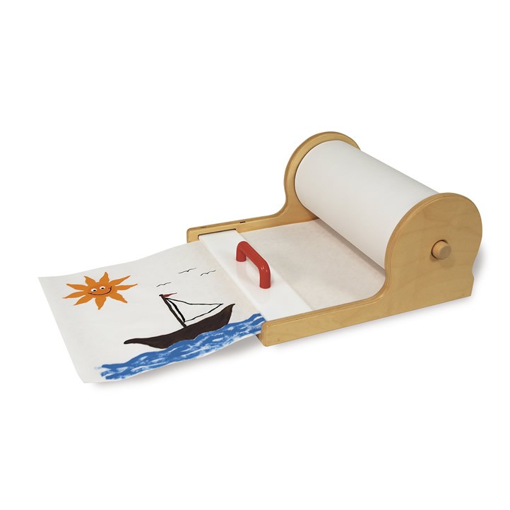Tabletop Paper Roll Dispenser with hardwood frame, red easy-grip handle, and paper featuring sun, boat, and bird illustrations