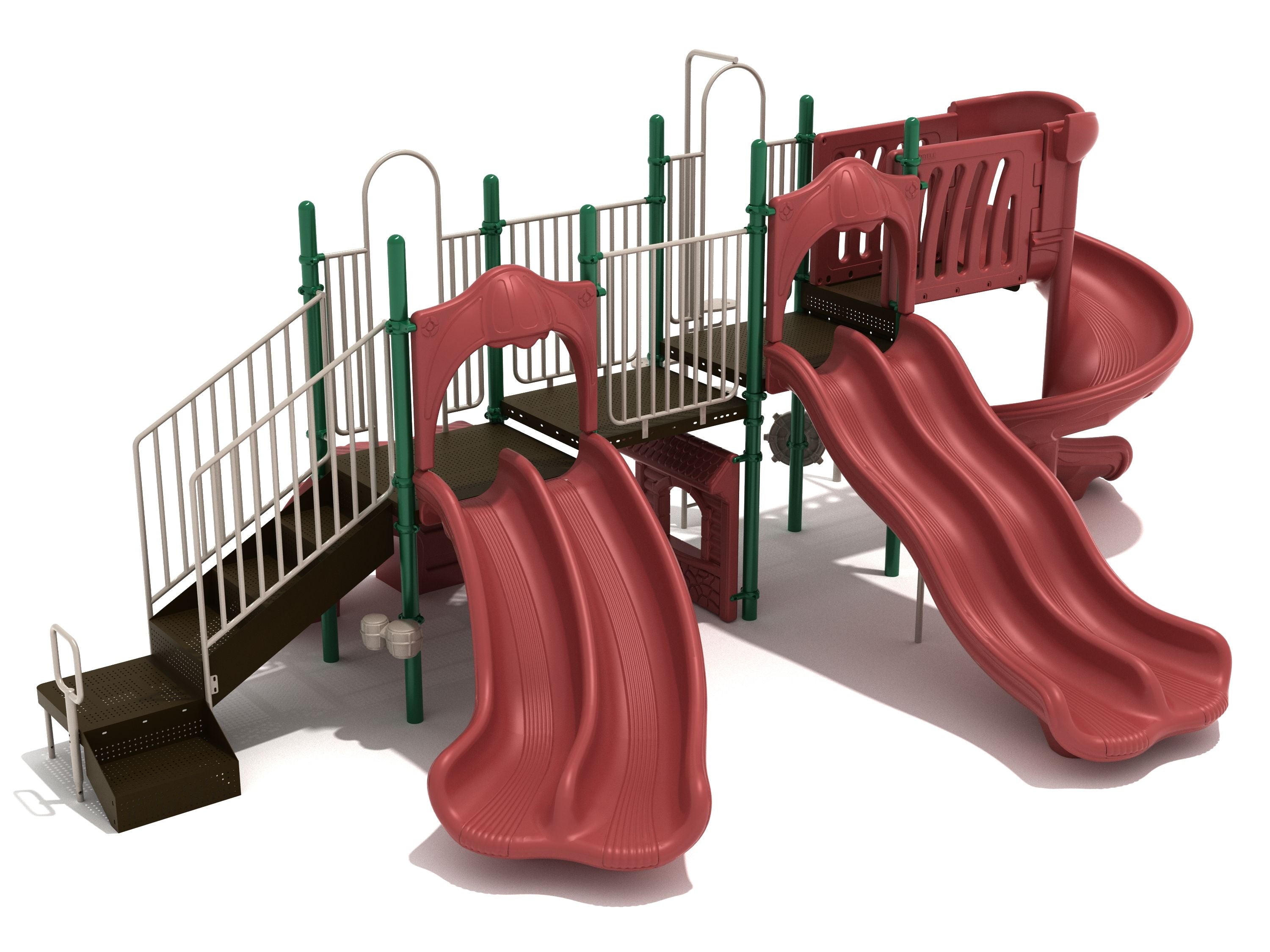 Outdoor playground structure with three red slides—double wave, right turn, and spiral—green support posts, climbing ramps, and interactive play panels