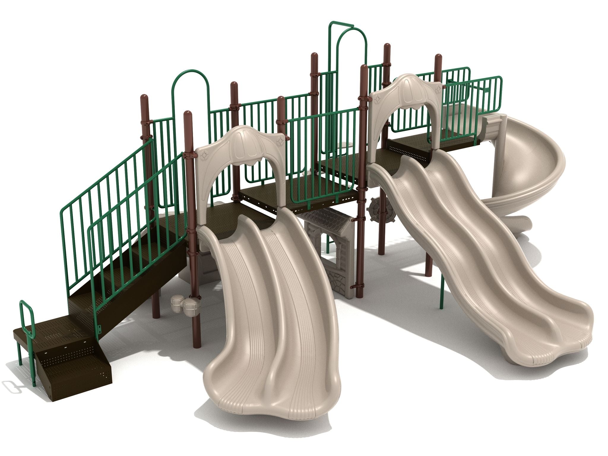 Outdoor playground structure with three beige slides, green railings, brown platforms, climbing stairs, and interactive play panels