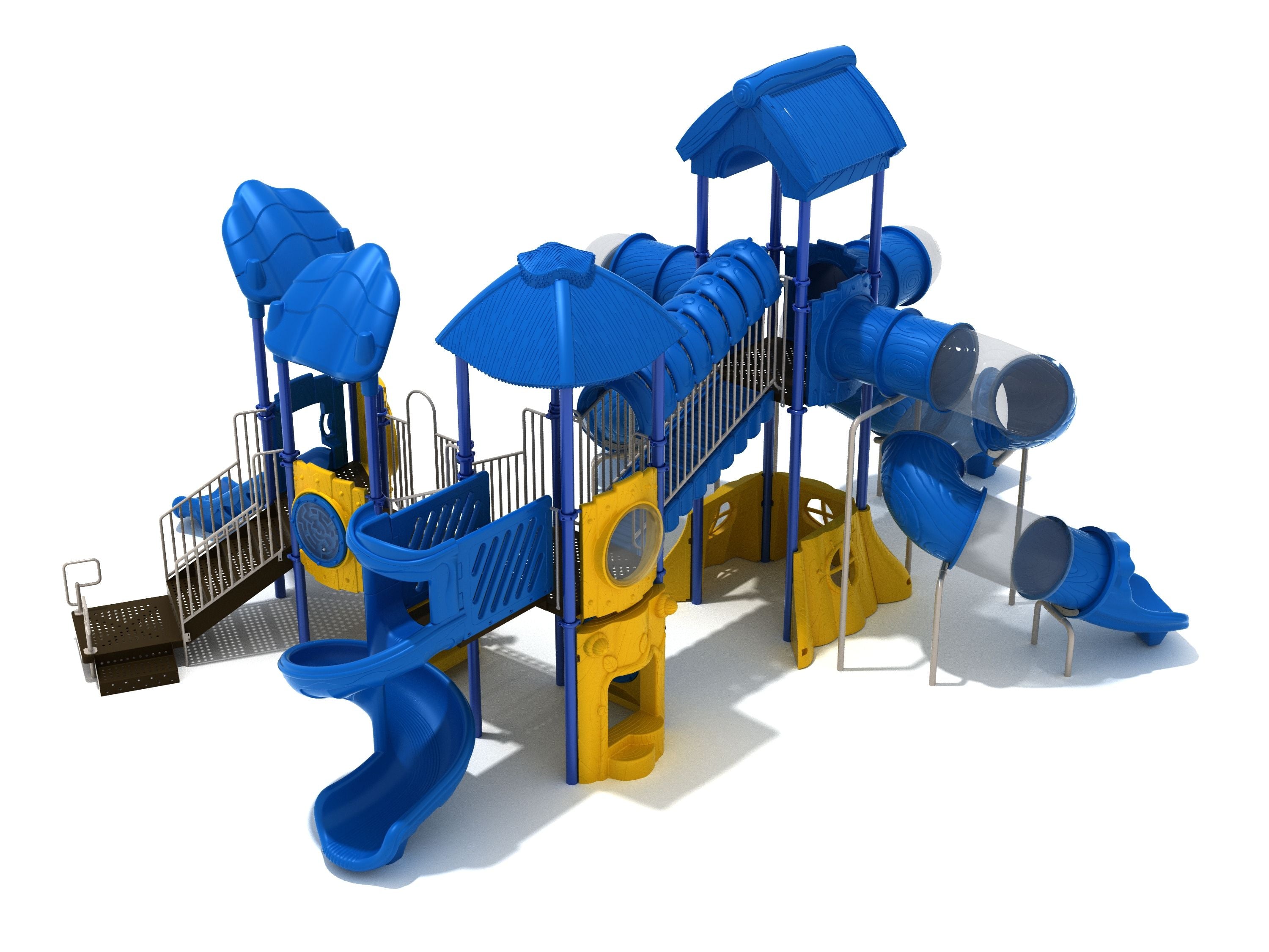 Blue and yellow playground structure with spiral tube slides, climbing panels, tube tunnels, and covered platforms