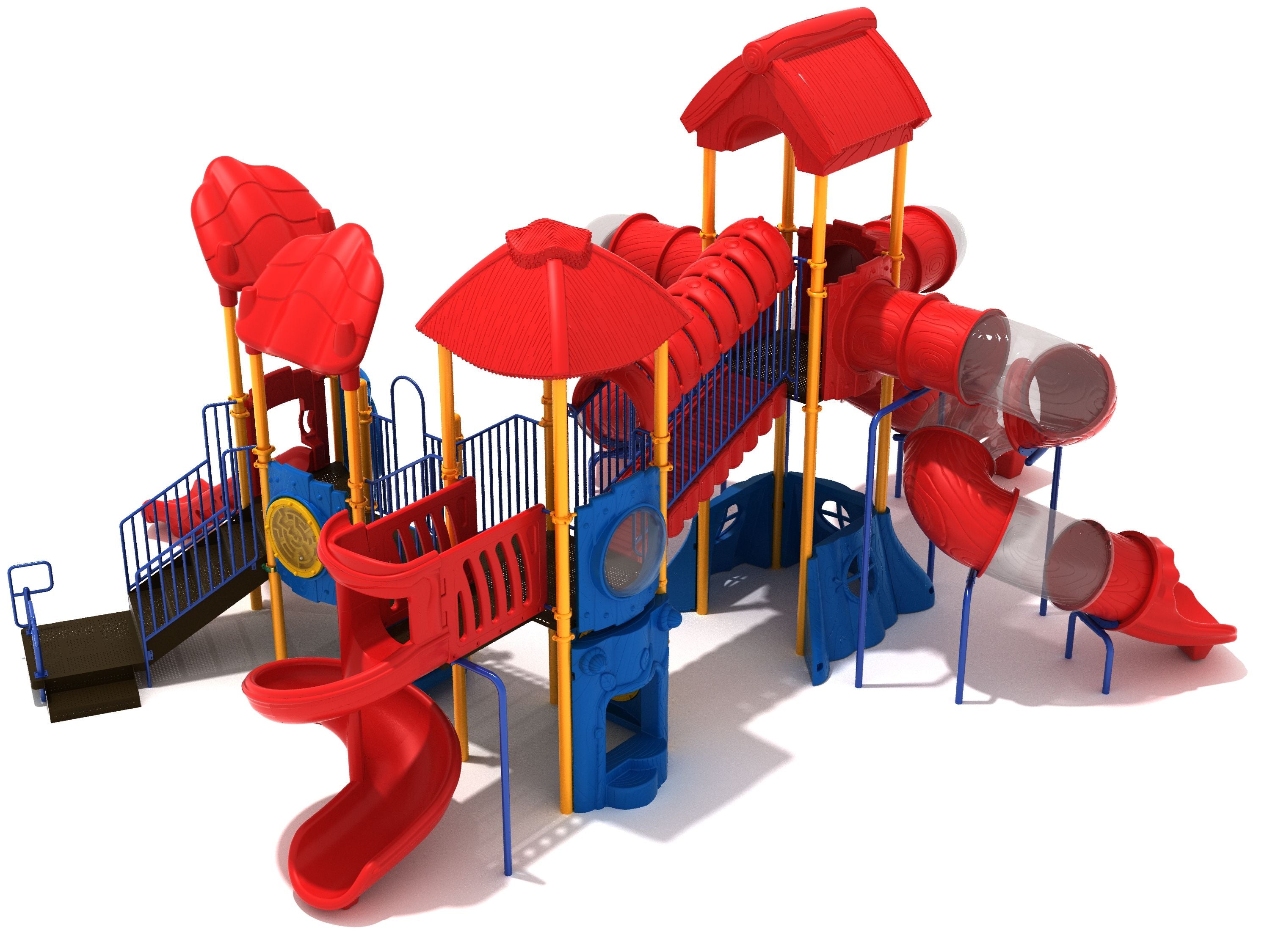 Colorful playground structure with spiral tube slides featuring transparent sections, climbing elements, and covered platforms.