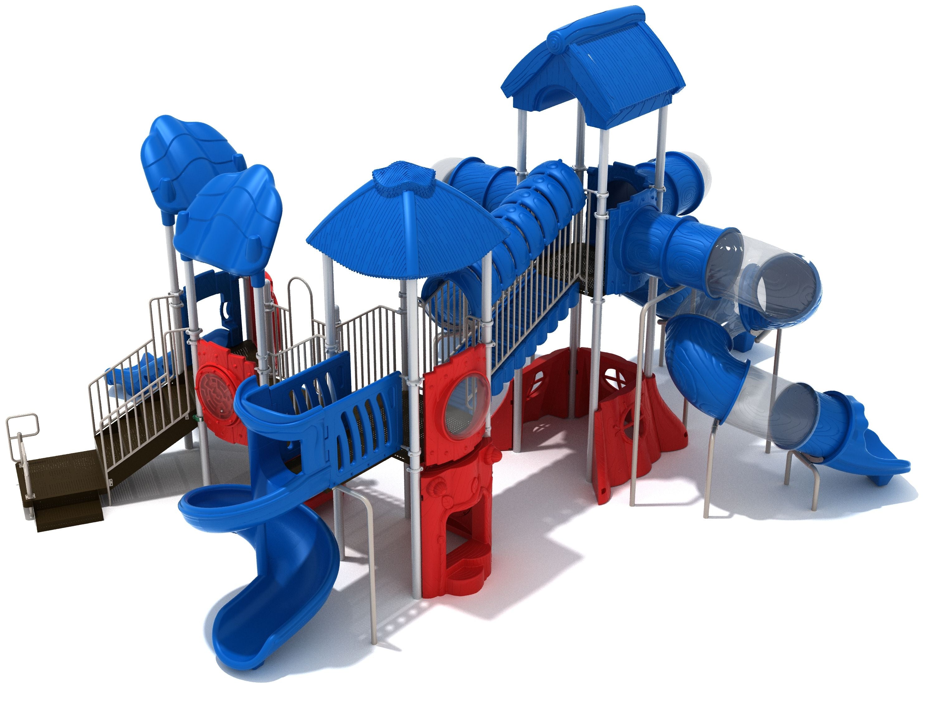 Feathery Fern Playground with blue and red play structure featuring spiral tube slides, covered bridge, and climbing elements