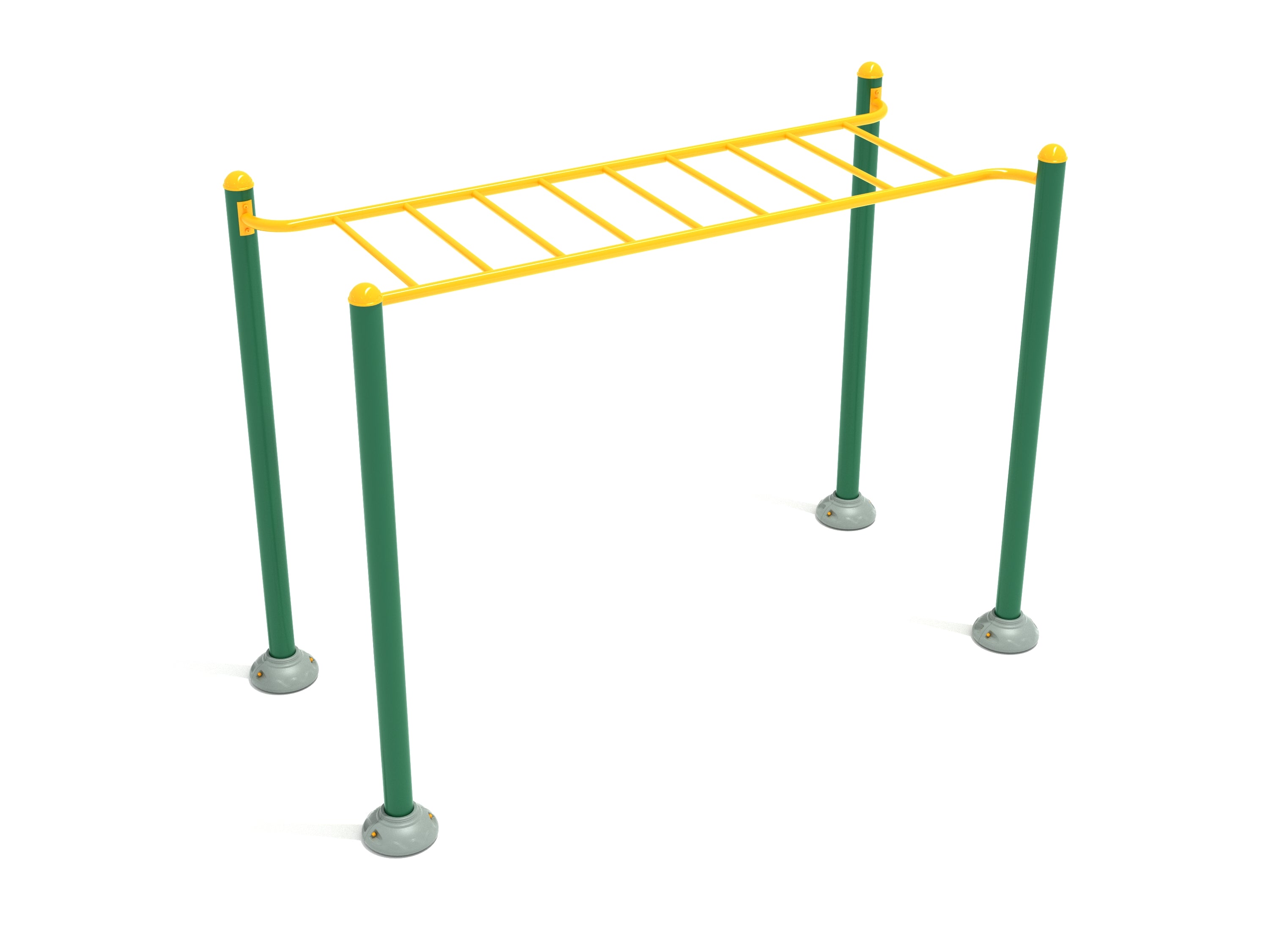 Outdoor horizontal ladder with green steel posts and yellow rungs for upper body strength and climbing fitness