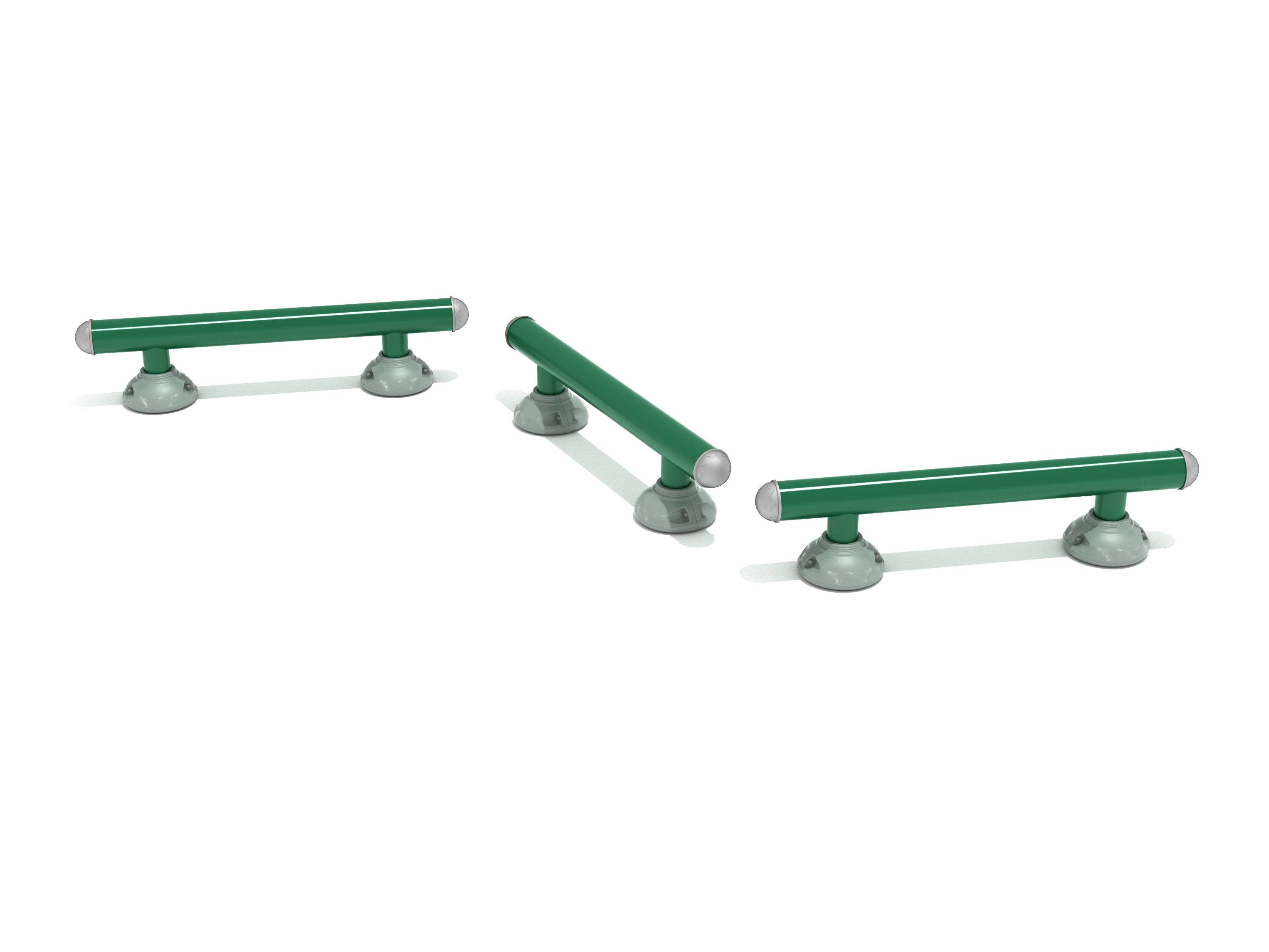 Three green rounded balance beams with gray supports arranged staggeredly for outdoor fitness balance training