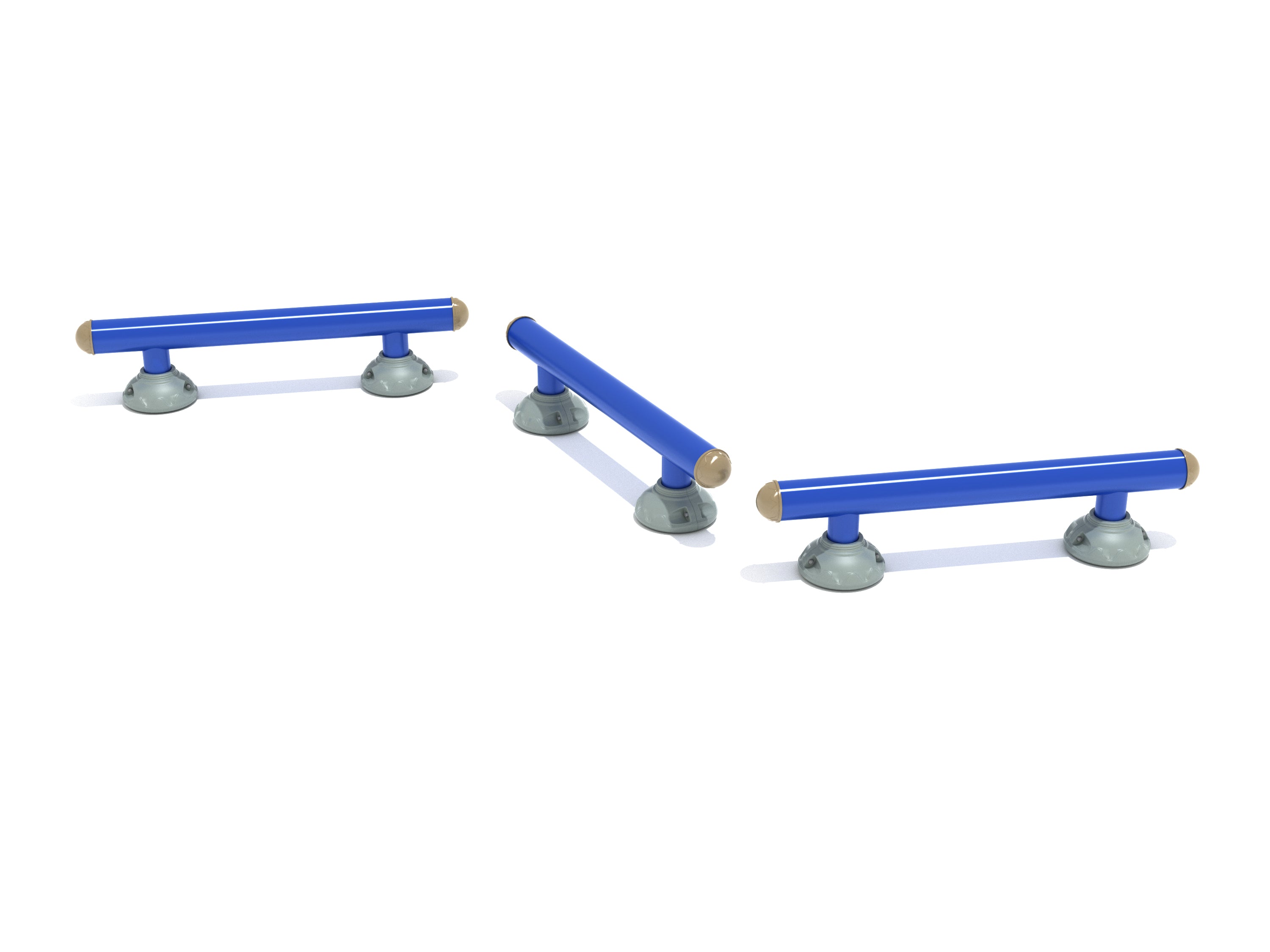 Three rounded blue balance beams with beige end caps on gray bases, spaced for outdoor fitness and balance training