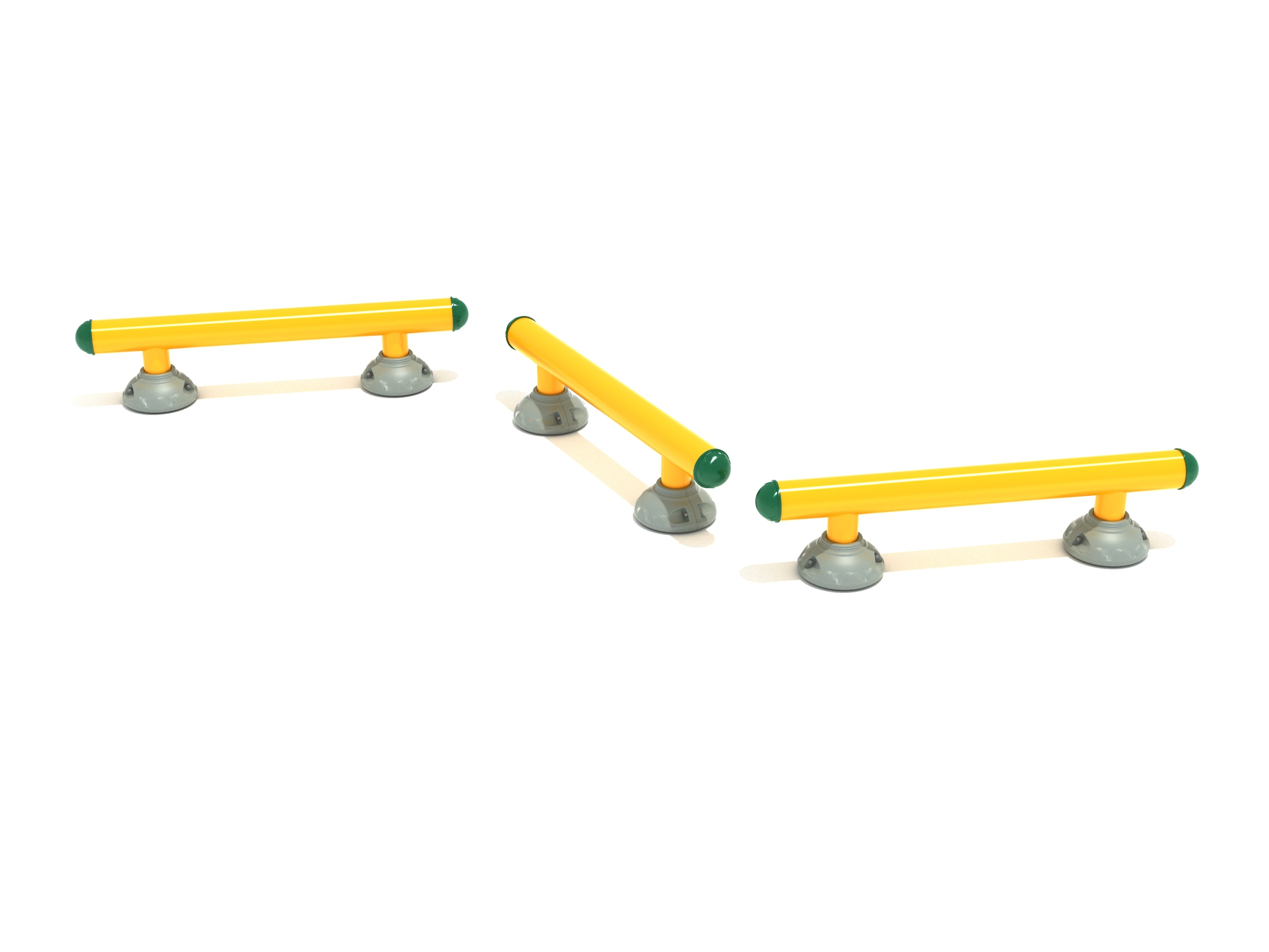 Three yellow rounded balance beams with green end caps on gray bases, spaced for outdoor fitness balance training
