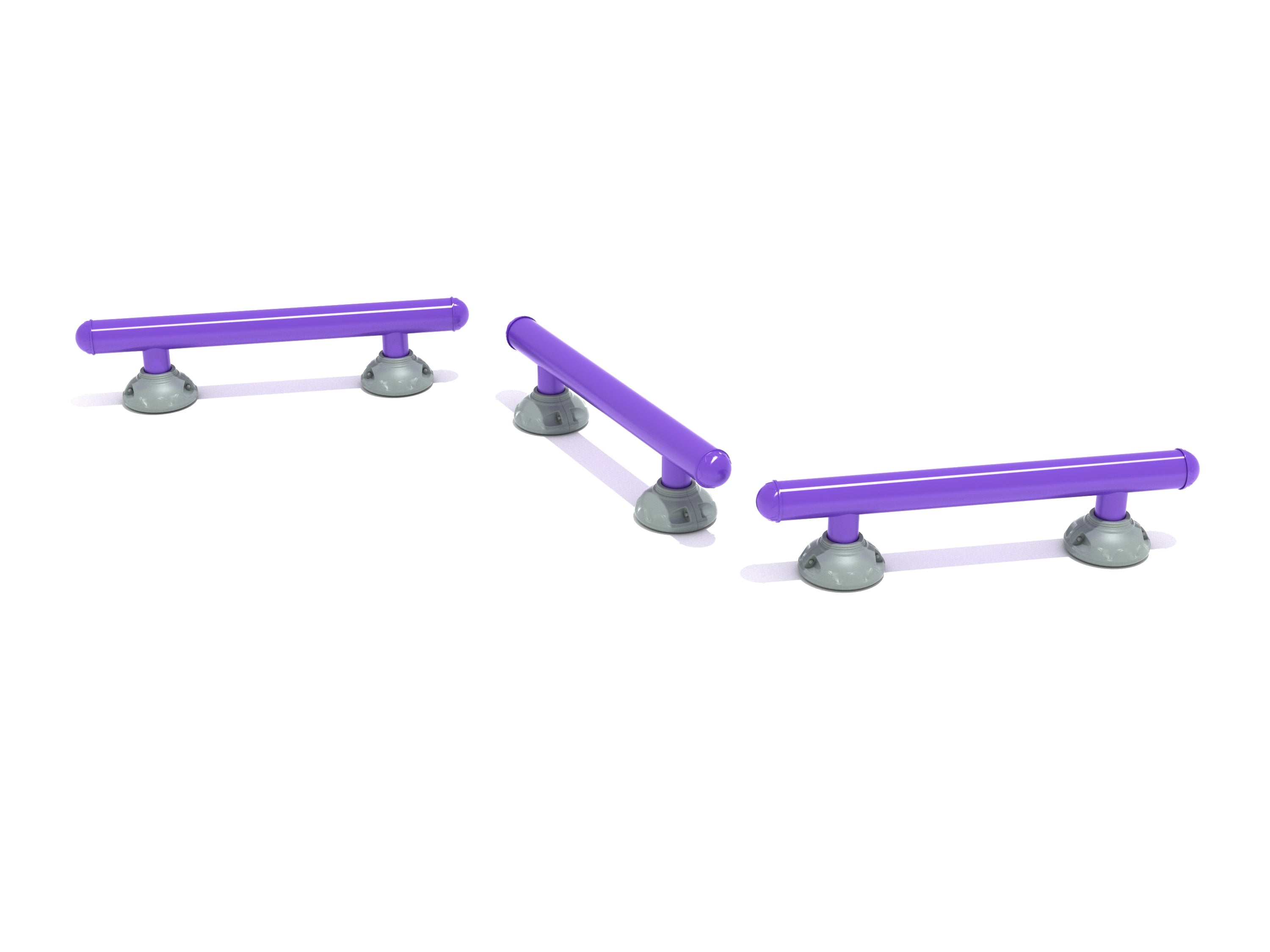 Three purple rounded balance beams with gaps, supported by gray bases, outdoor fitness obstacle for balance training