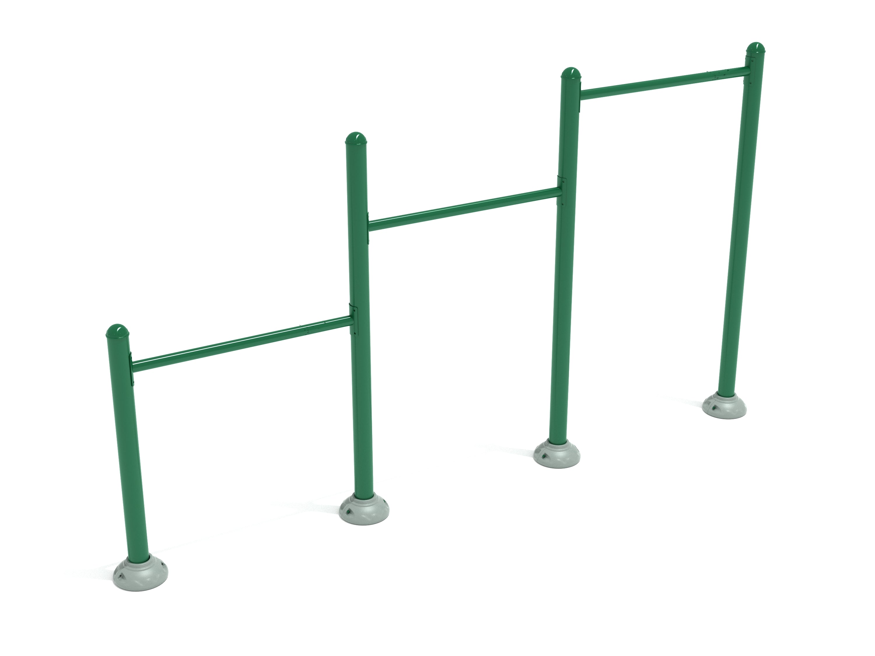 Three green inclined chin-up bars at varying heights on galvanized steel posts for outdoor fitness and strength training